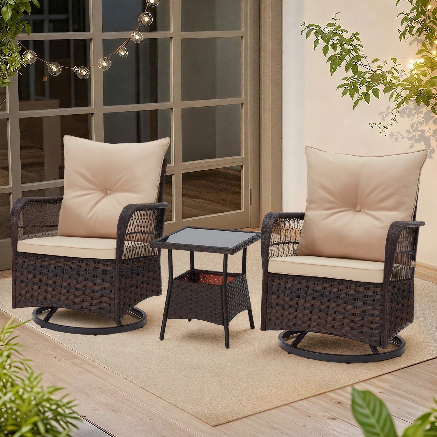 HOMREST 3-Piece Patio Swivel Rocker Set with Rattan Coffee Table, Beige