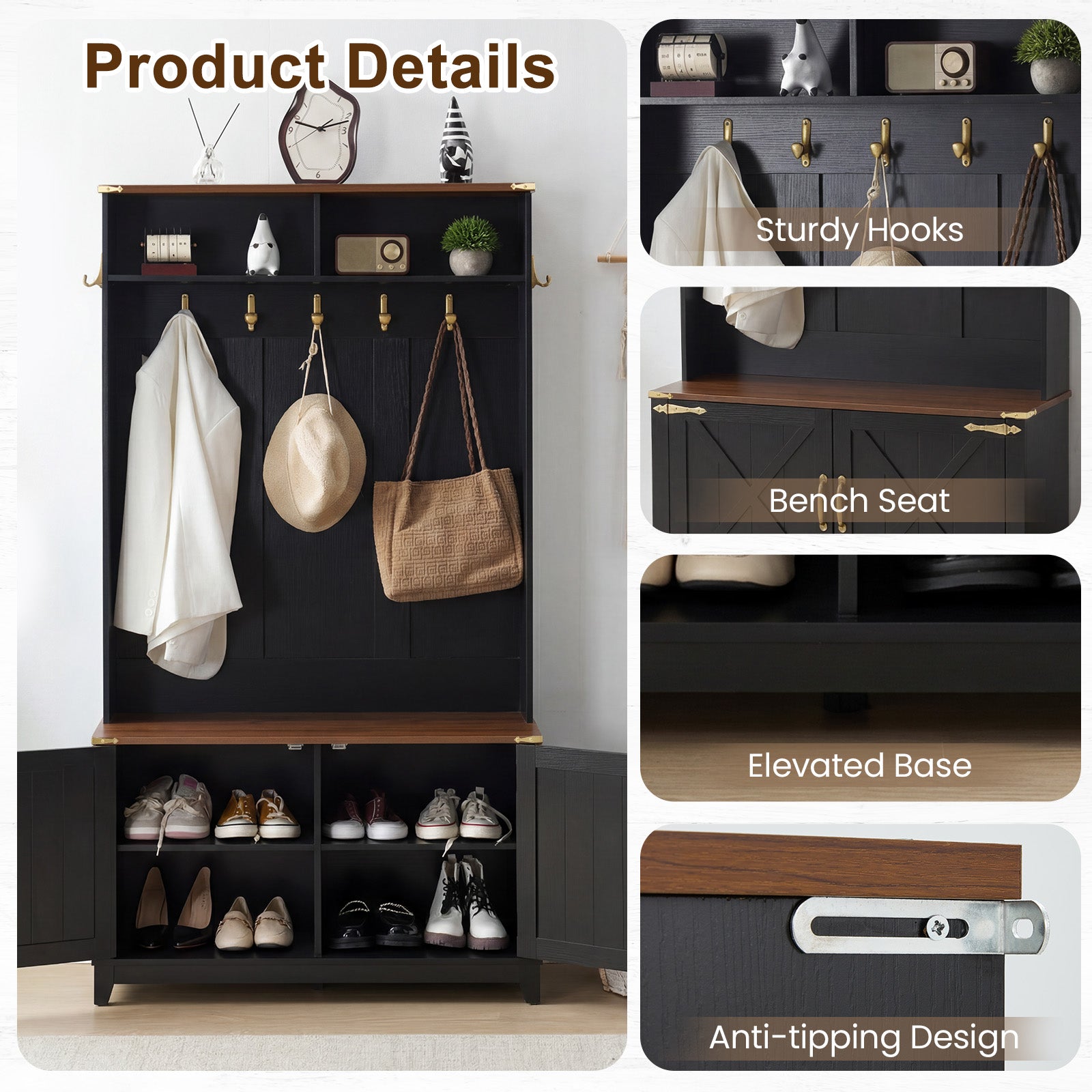 HOMREST 38" Farmhouse Hall Tree with Bench and Shoe Storage, Entryway Bench with Coat Rack, 2 Open Compartments, 7 Coat Hooks, Barn Door & Adjustable Shelf, Black