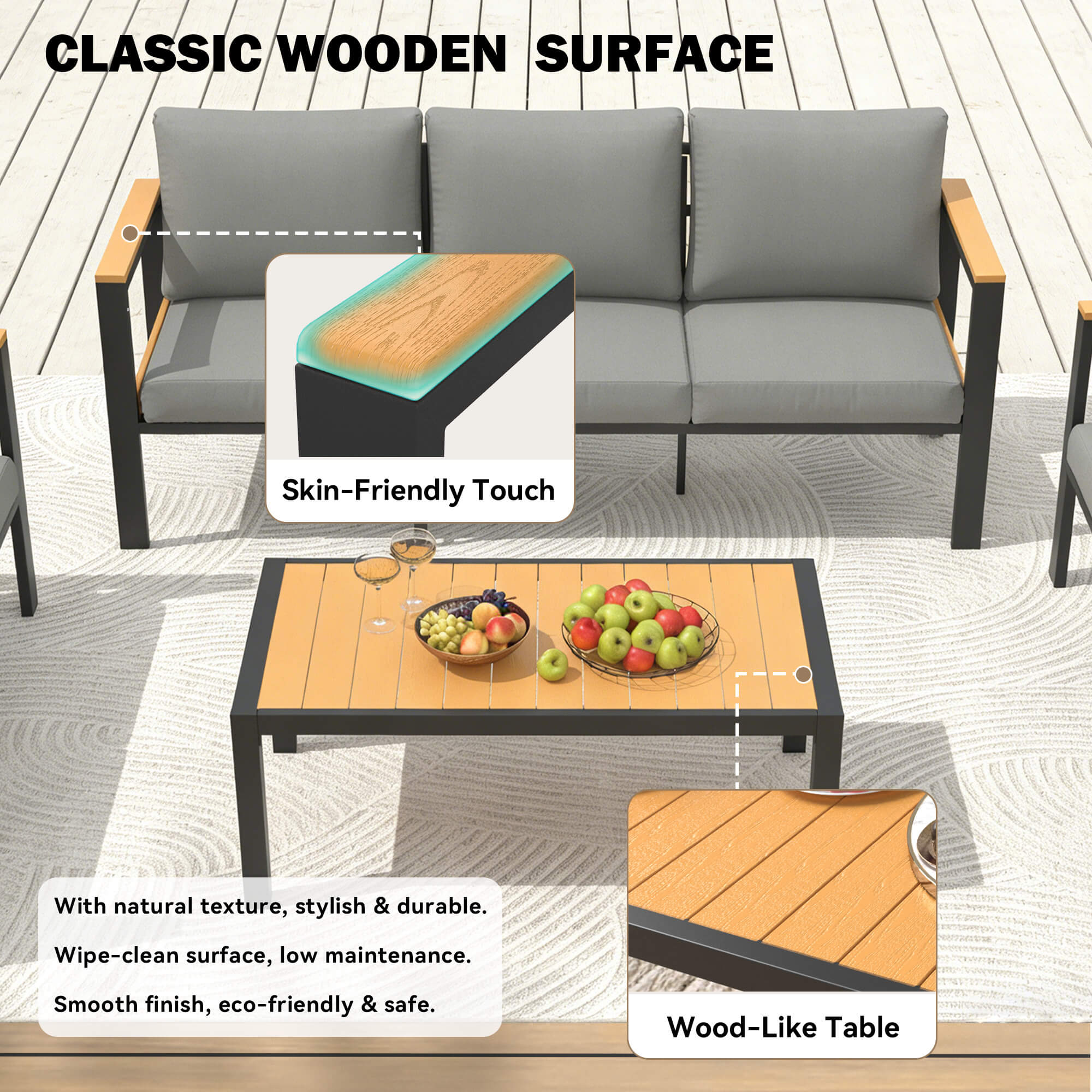 HOMREST 5 Piece Patio Furniture Set, Metal Patio Conversation Set with Coffee Table, All-Weather Outdoor Furniture, Gray