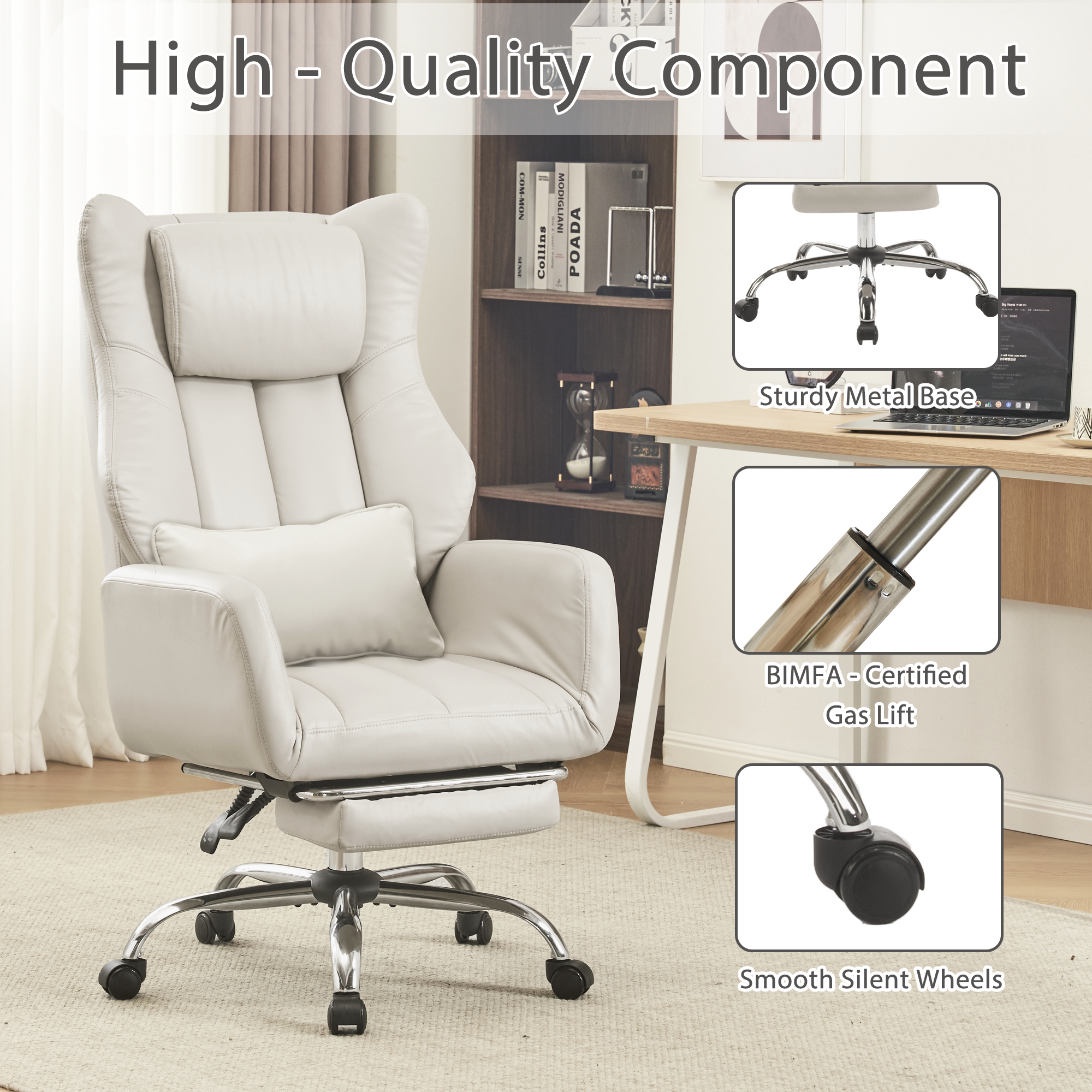 HOMREST Ergonomic Cross Legged Office Chair with Footrest,Big and Tall Leather Executive Chair with Reversible Armrest,Lumbar Pillow and Wheels,155° Reclining Computer Wide Desk Chair for Home,Office (Beige)