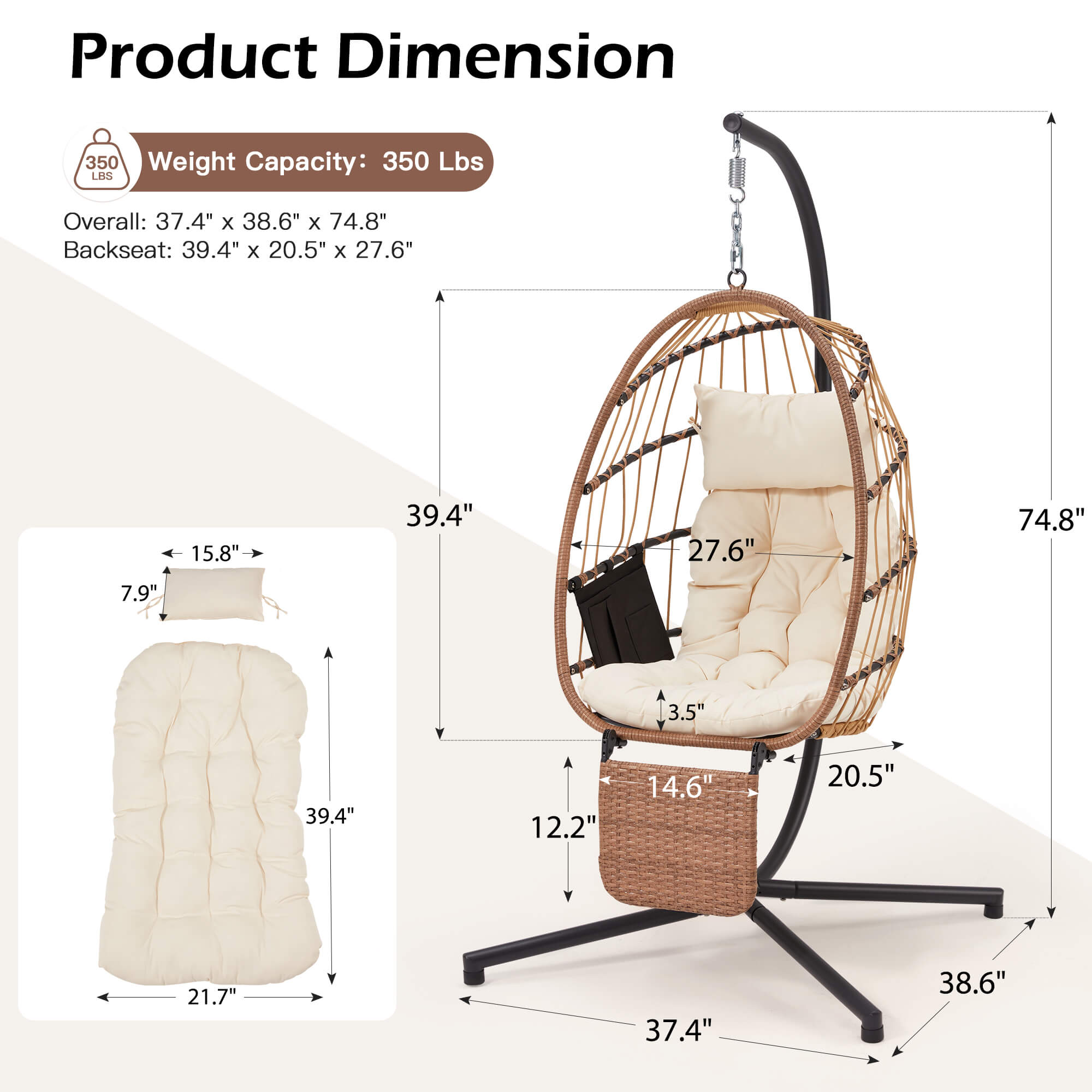 HOMREST Hanging Egg Chair with Stand & Removable Leg Rest, Hammock Chair for Patio, Bedroom, Beige/Natural