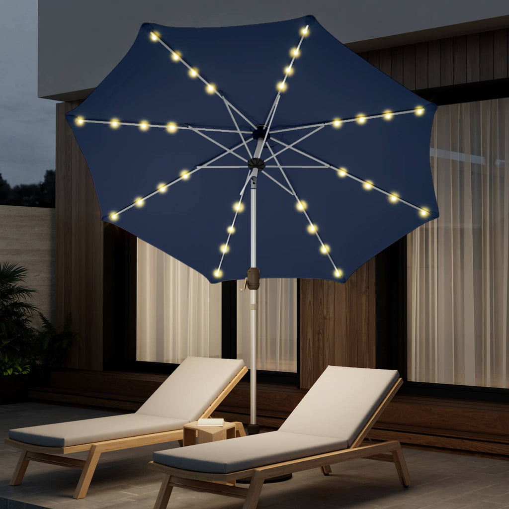 Homrest 9FT Solar Patio Umbrella, Fade-Resistant Outdoor Market Umbrella with Tilt, 8 Aluminum Ribs for Gardens,Navy Blue