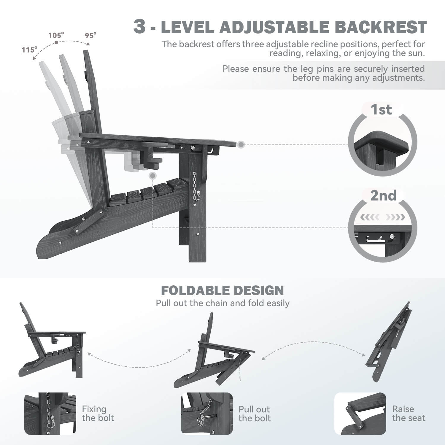 HOMREST 3-Level  Adjustable Adirondack Chair with Retractable Ottoman, Folding HDPE Outdoor Chair with Cup Holders, Gray