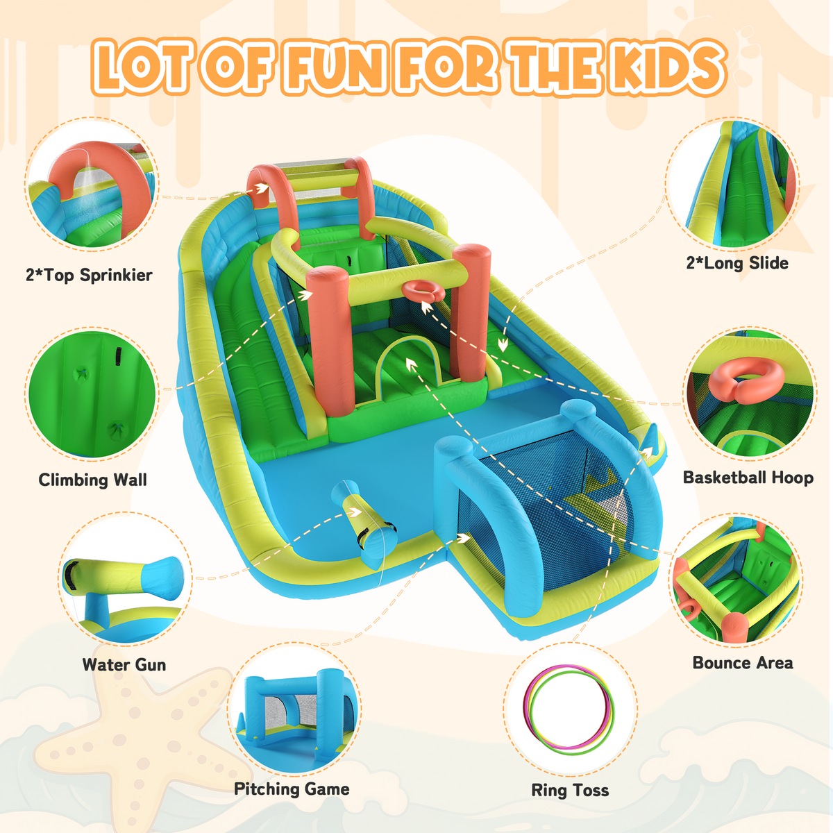 Homrest Inflatable Bounce House with Double Slide, Bouncy Castle for Kids 3-12 with Blower, Water Cannon, Football Net, Jumping, Climbing Wall, Basketball Hoop, Backyard Water Park for Kids