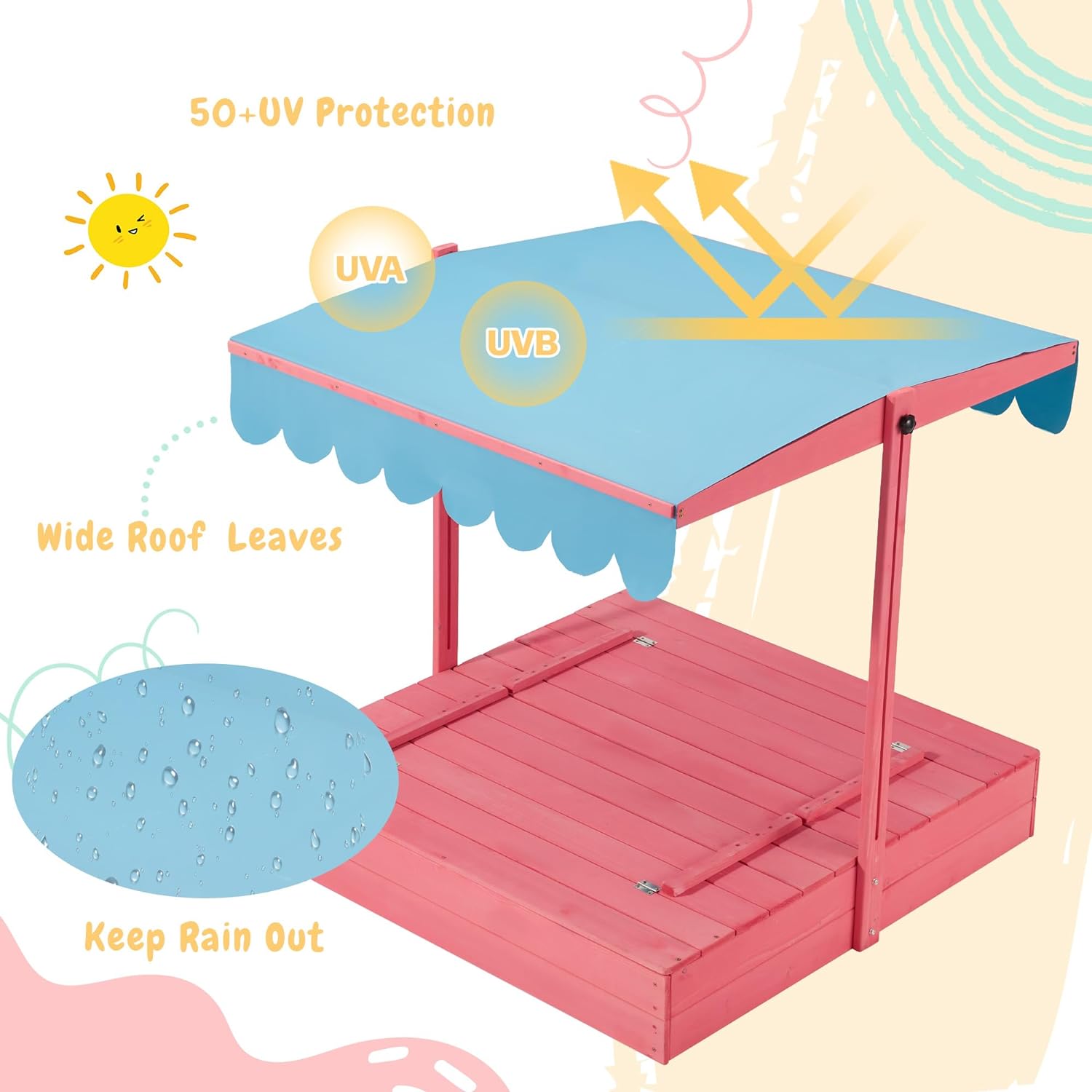 Homrest Kids Sandbox with Cover, Wooden with Height Adjustable Roof,for Aged 3-8, for Backyard, Beach, Lawn, Pink