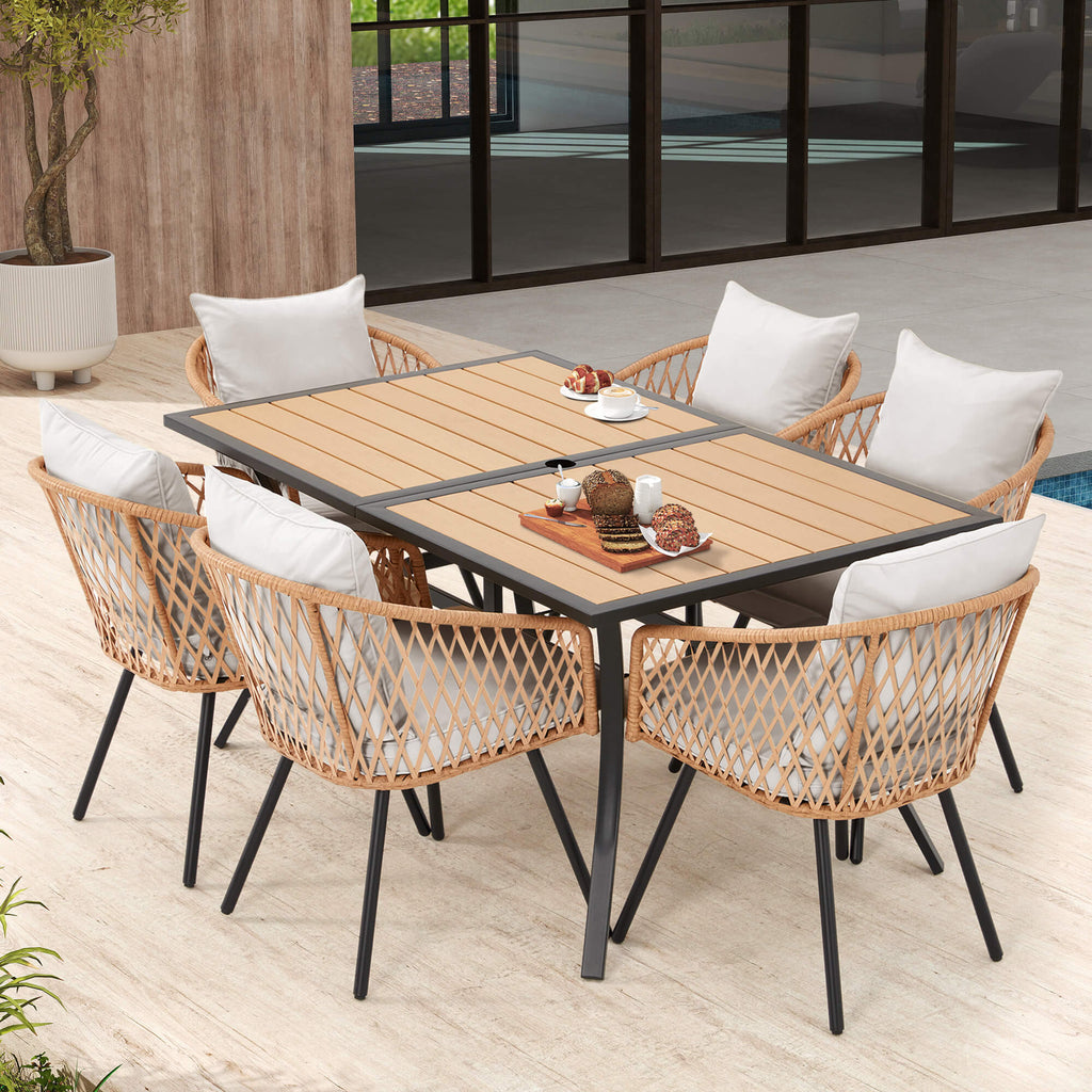 HOMREST 7-Piece Outdoor Dining Set – Rectangular Table with Umbrella Hole & 6 Rattan Chairs, Gray
