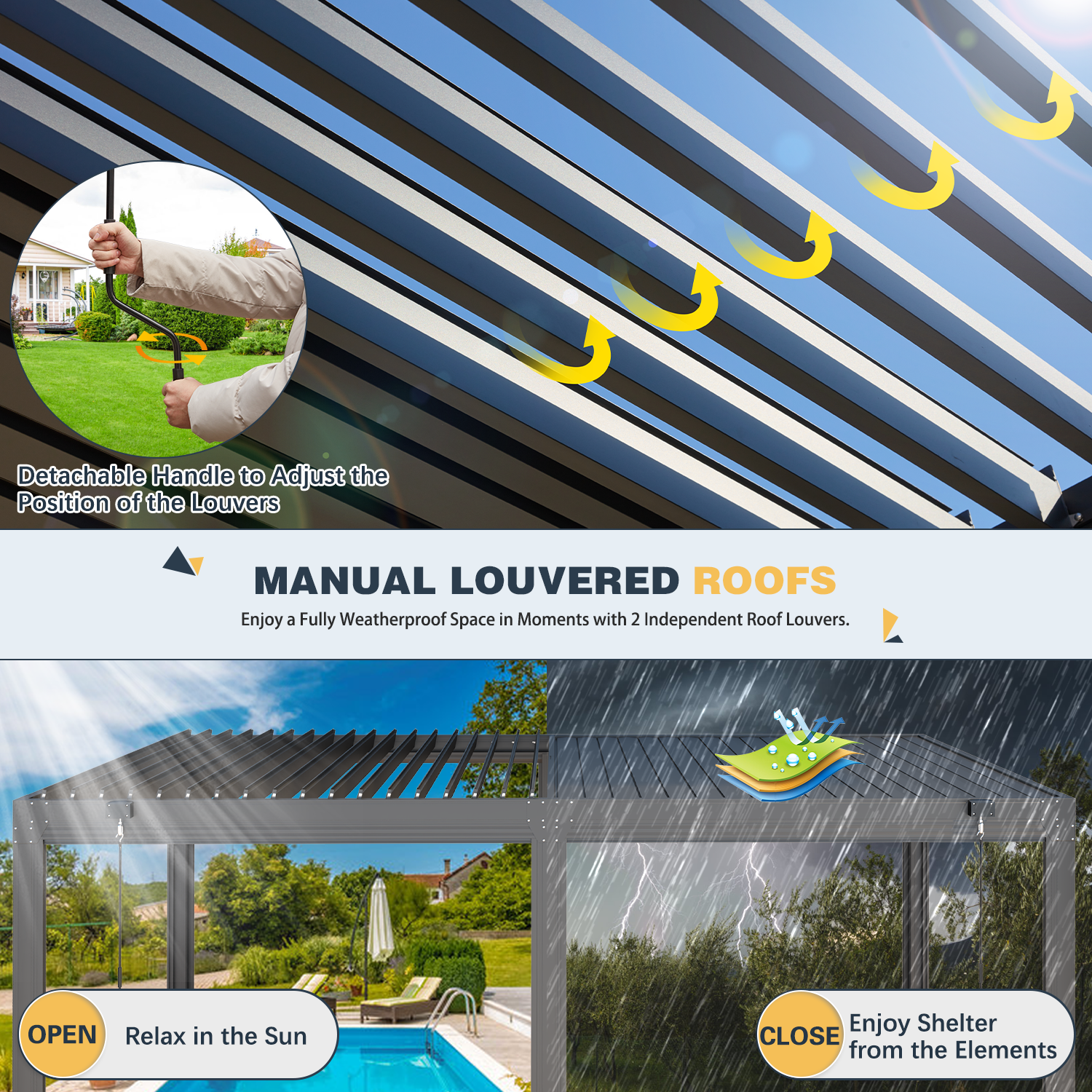 HOMREST 12x16 Louvered Pergola with Side Pull-Down Screen, Outdoor Aluminum Pergola with Thickened Frame and Adjustable Metal Rainproof Roof for Deck Patio Garden Yard, Black-Gray
