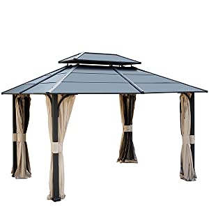 Homrest 10' x 12' Hardtop Gazebo Outdoor Double Iron Roof with Curtains and Netting