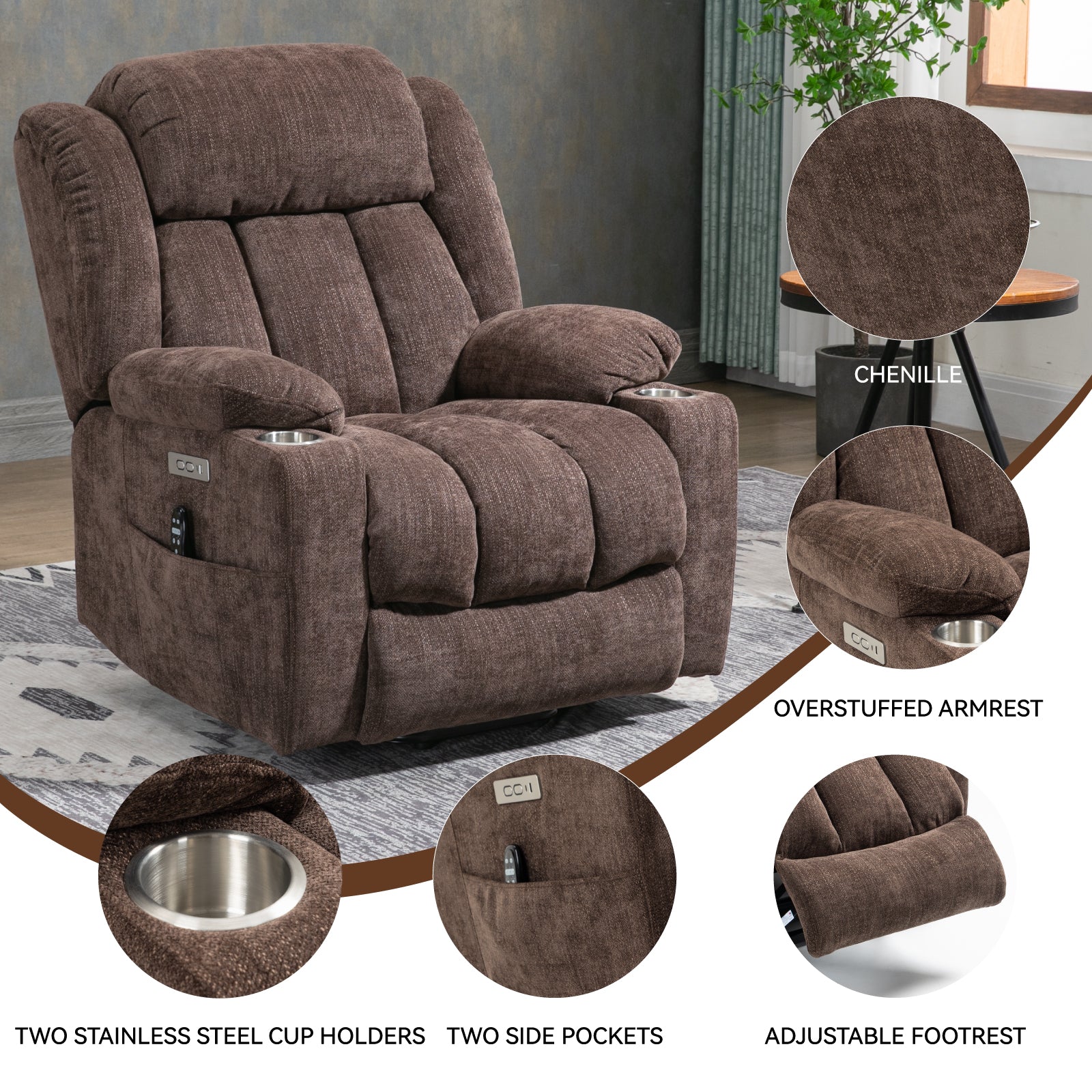 Homrest Premium Electric Recliner Chair with 8-Point Massage & Heating, Plush Chenille Fabric, Dark Brown
