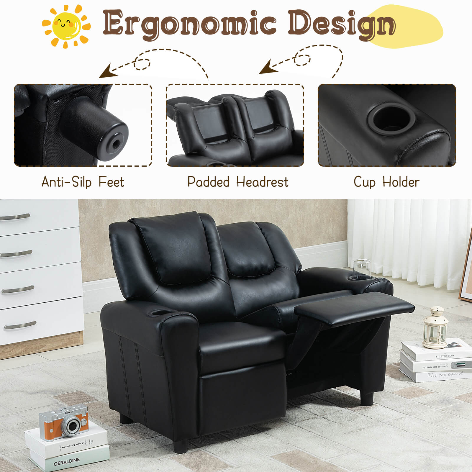 HOMREST Kids Recliner Chair, Double Kids Sofa Chair w/Cup Holder PU Leather, Toddler Loveseat Couch w/Adjustable Footrest & Headres for Boys Girls 3+ Age Group, Classic Black