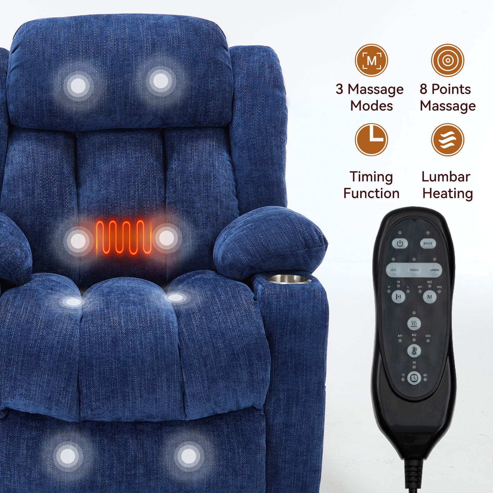 Homrest Premium Electric Recliner Chair with 8-Point Massage & Heating, Plush Chenille Fabric, Blue