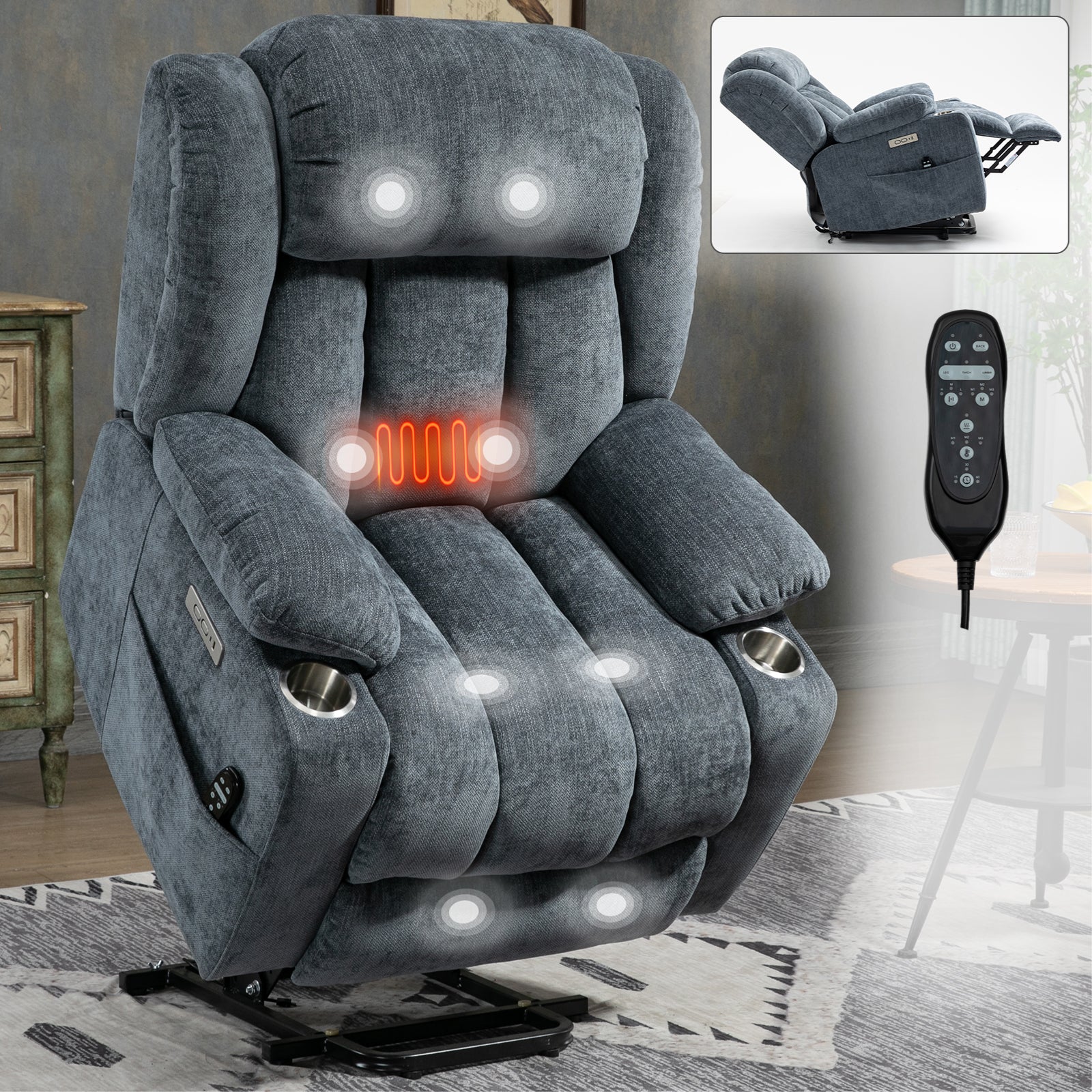 Homrest Premium Electric Recliner Chair with 8-Point Massage & Heating, Plush Chenille Fabric, Gray Blue