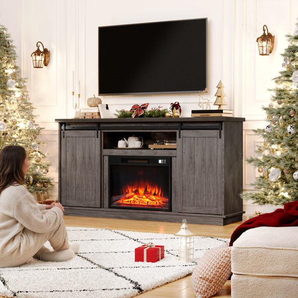 HOMREST 63 Inch Fireplace TV Stand with Electric Fireplace, Sliding Barn Doors, LED Flame Effect, Teak