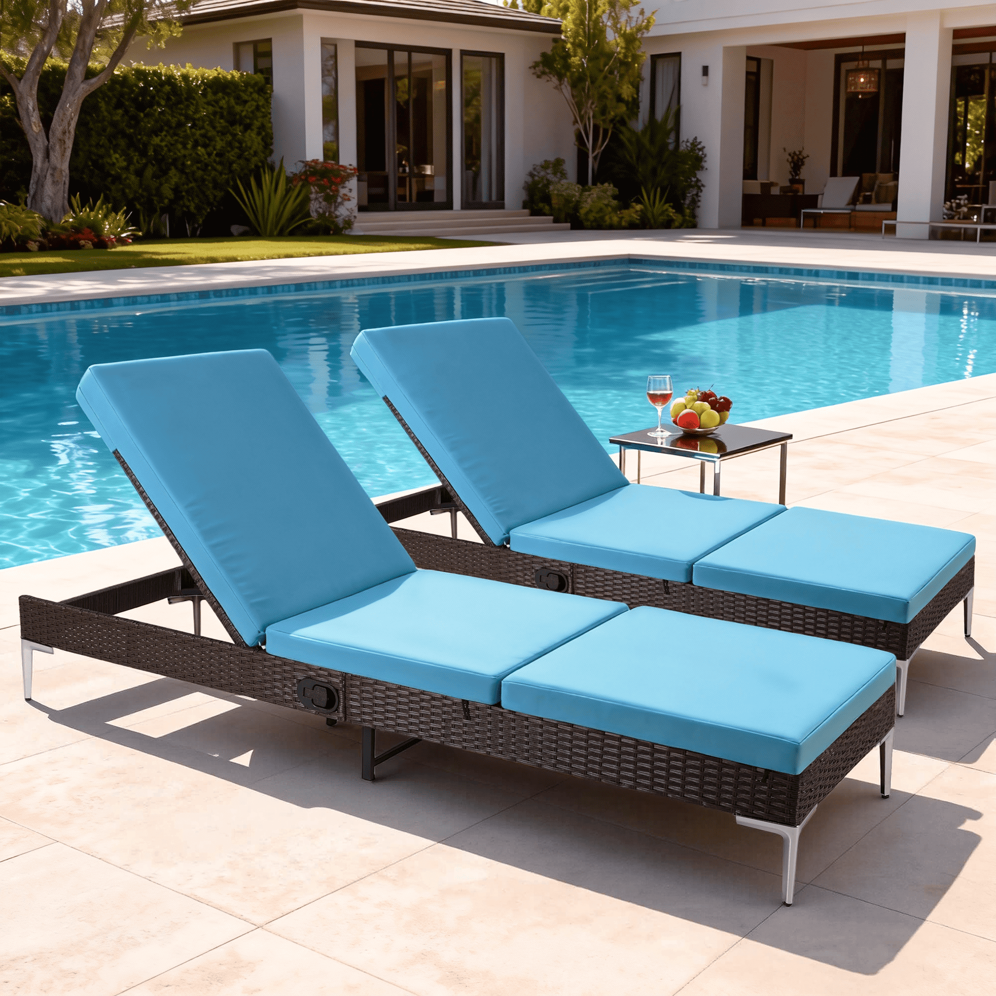 Homrest 2PCS Patio Rattan Chaise Lounge Chair Outdoor Wicker Recliner Thickened Cushion Stepless Adjustable with Gas Cylinder  (Blue)