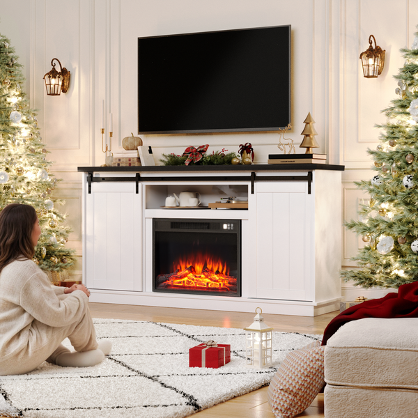 HOMREST Fireplace TV Stand for 70 Inch TV, Entertainment Center with Storage Cabinets and Sliding Barn Doors, Bright White