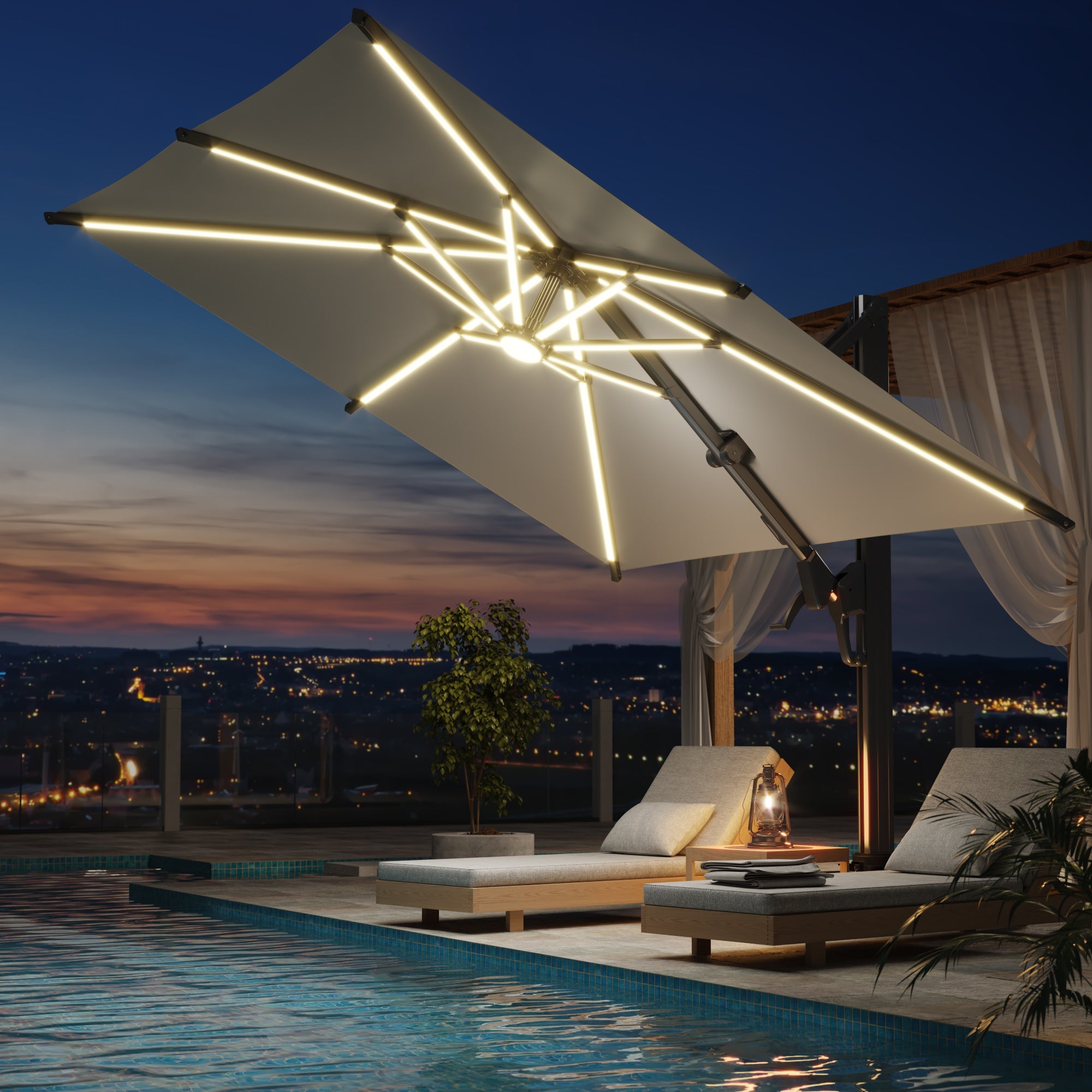 HOMREST 10 X 10 Cantilevered Umbrella with LED Lights(Base Excluded)  - Brown