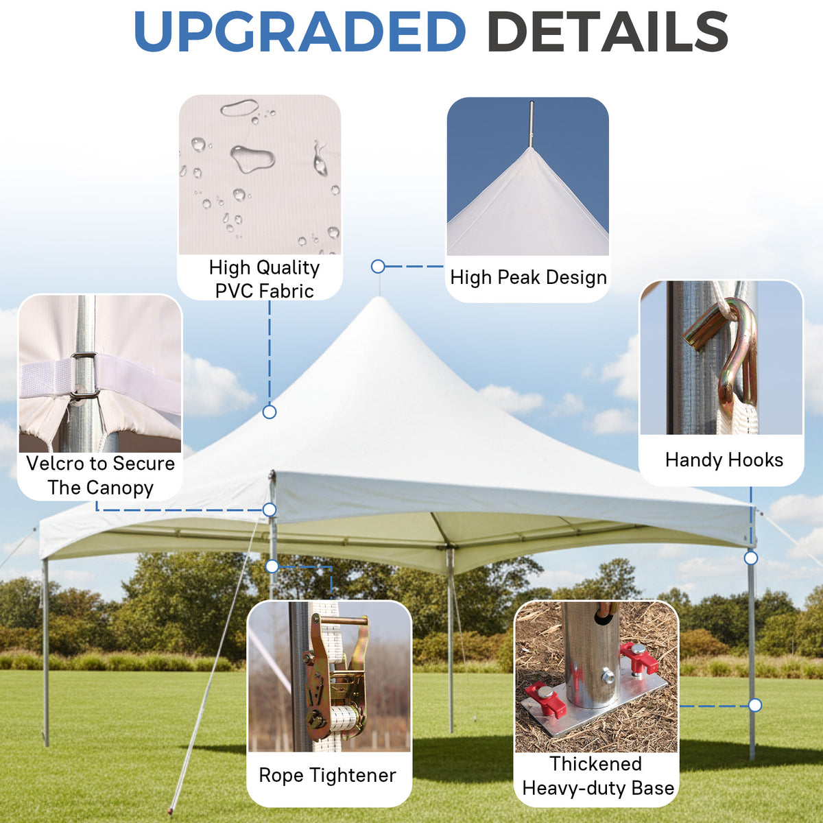 HOMREST 20x20ft Party Tent Outdoor Wedding Tent Heavy Duty Peaked Frame Canopy With Fire Retardant PVC Top 80 Person Capacity Gazebo Shelter Tent For Event Commercials White