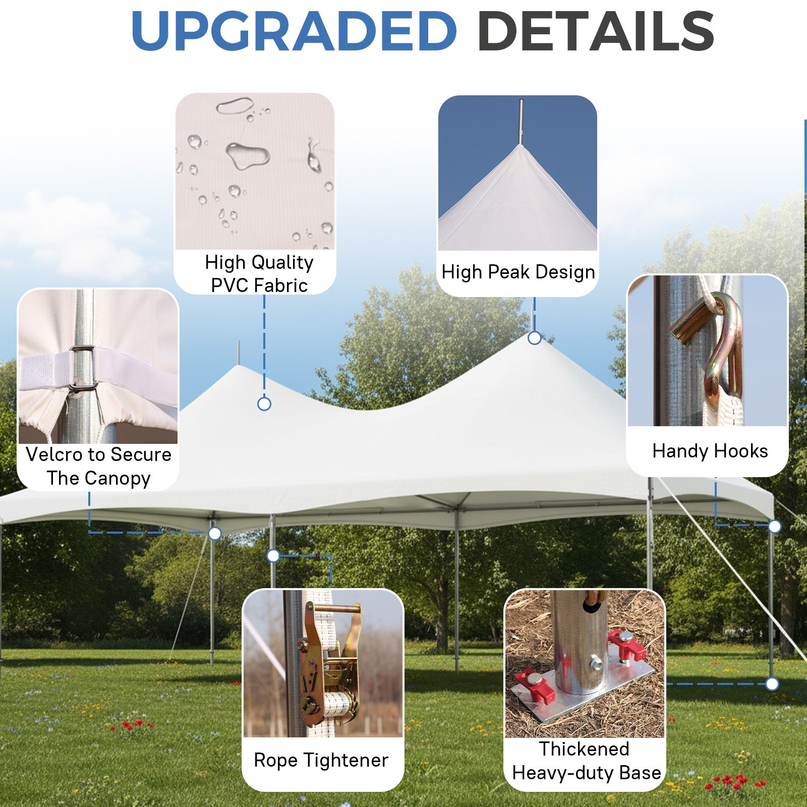 HOMREST  20x30ft Party Tent Outdoor Wedding Tent Heavy Duty Peaked Frame Canopy With Fire Retardant PVC Top 100 Person For Event Commercials White