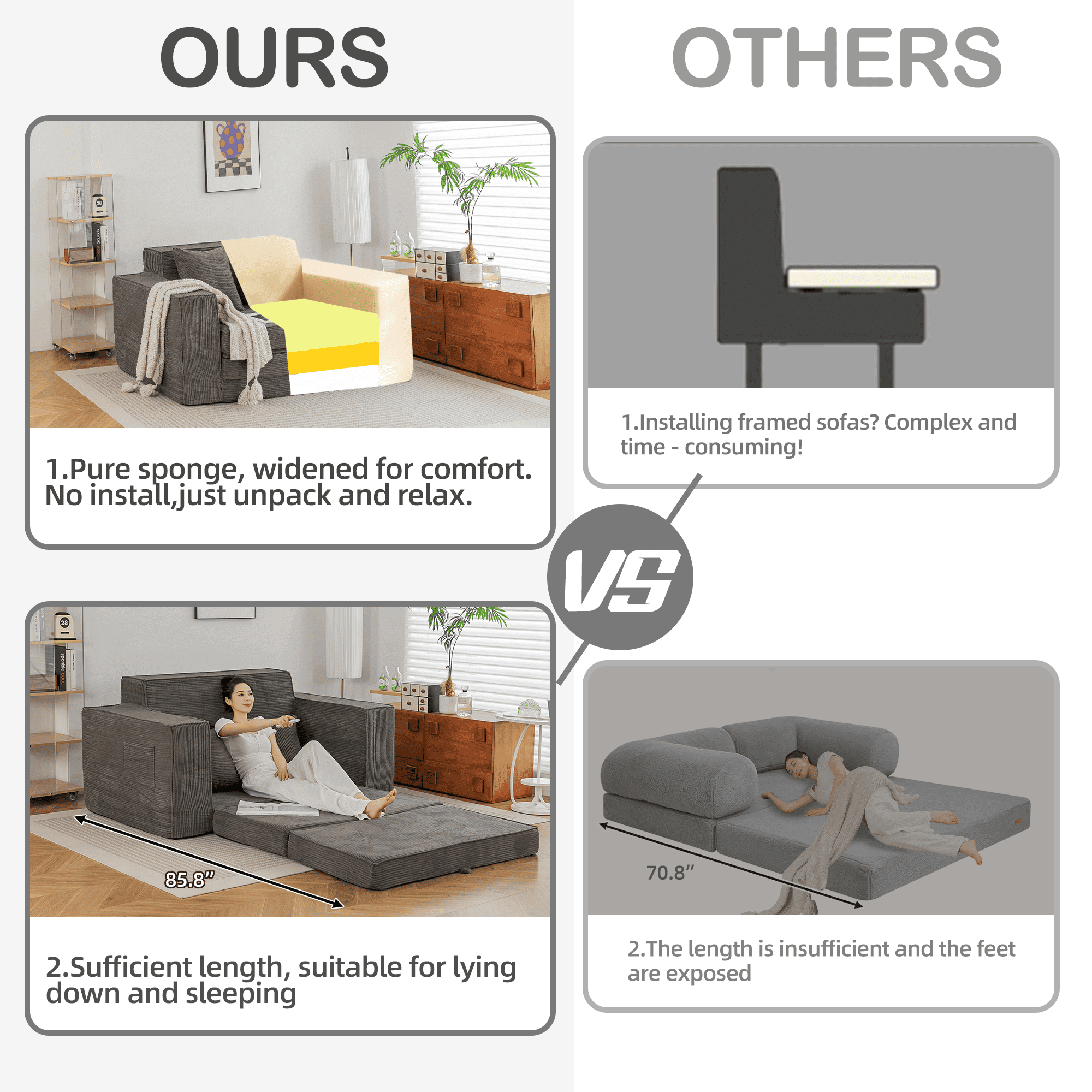 HOMREST 63 inch Convertible Memory Foam Loveseat Sofa, Pull Out Sleeper Sofa Bed, 2 in 1 Upholstered Boneless Couch with 2 Pillows for Living Room Bedroom Lounge, Grey