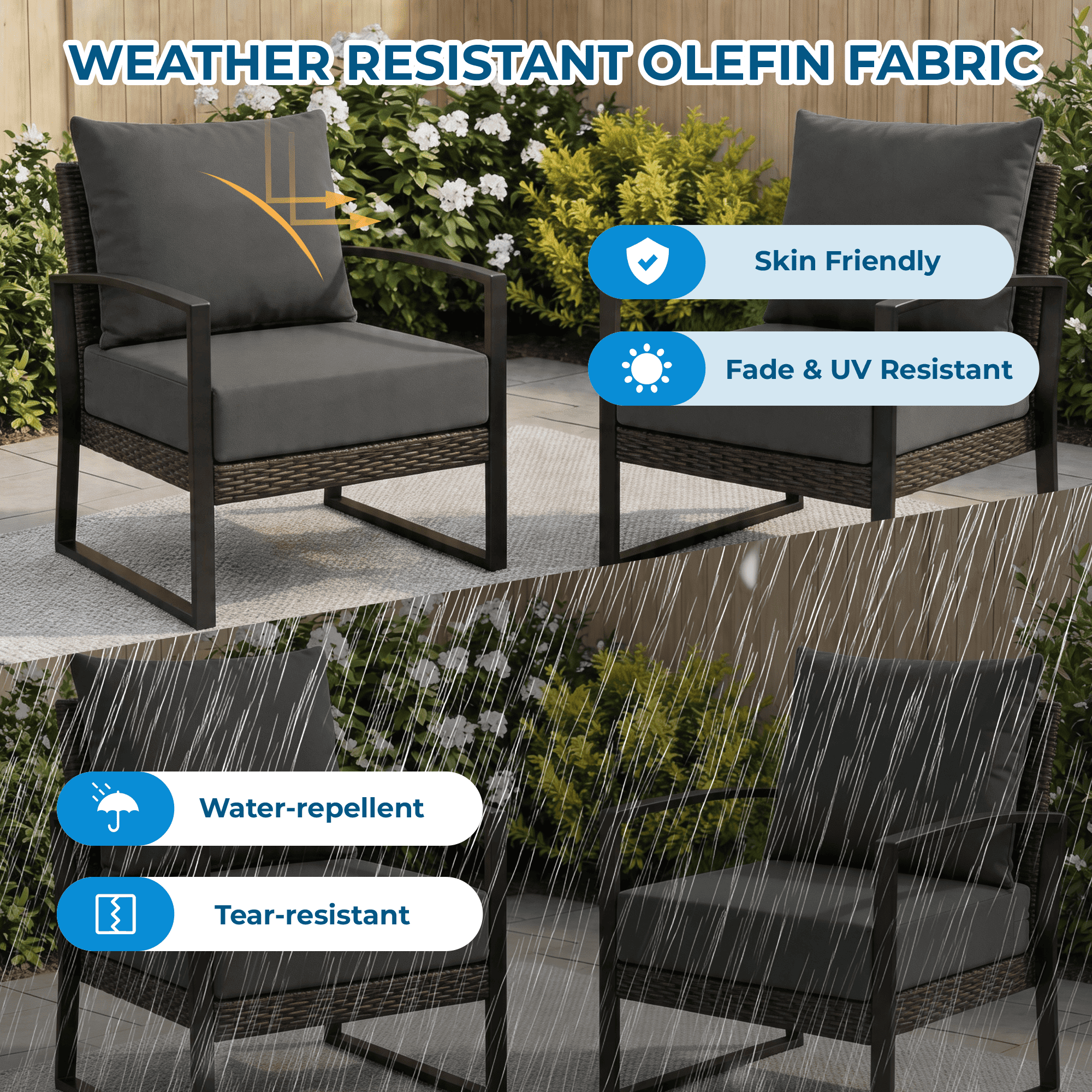 HOMREST Patio Furniture Cushions Set of 2 with Handle and Ties, Waterproof Fade-Resistant Outdoor Couch Cushions, Chair Pads for Dining Chairs, Gray