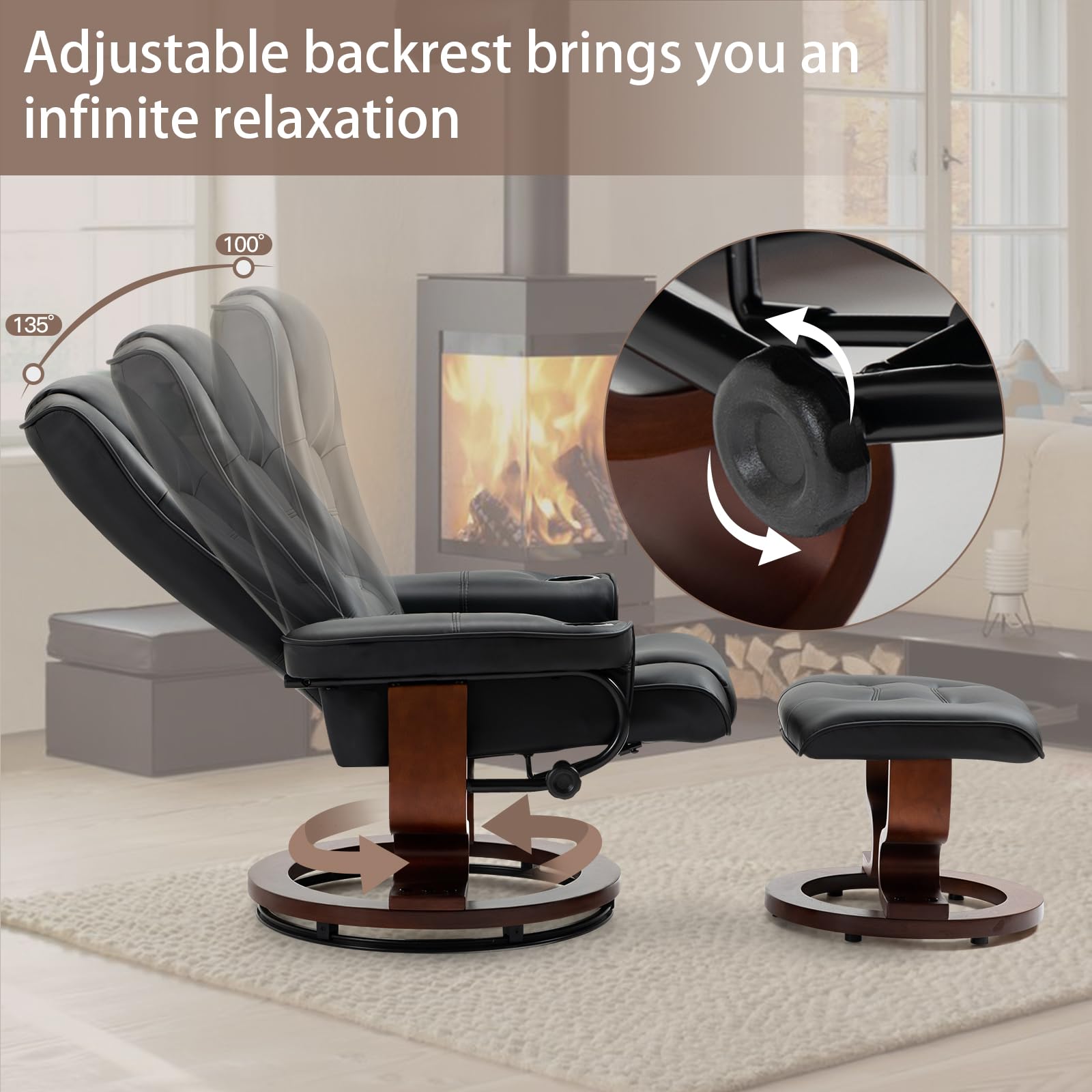 Homrest Recliner with Ottoman, Wood Base & Adjustable Back, Faux Leather Swivel Reclining Chair with Footrest for Living Room and Bedroom, Black