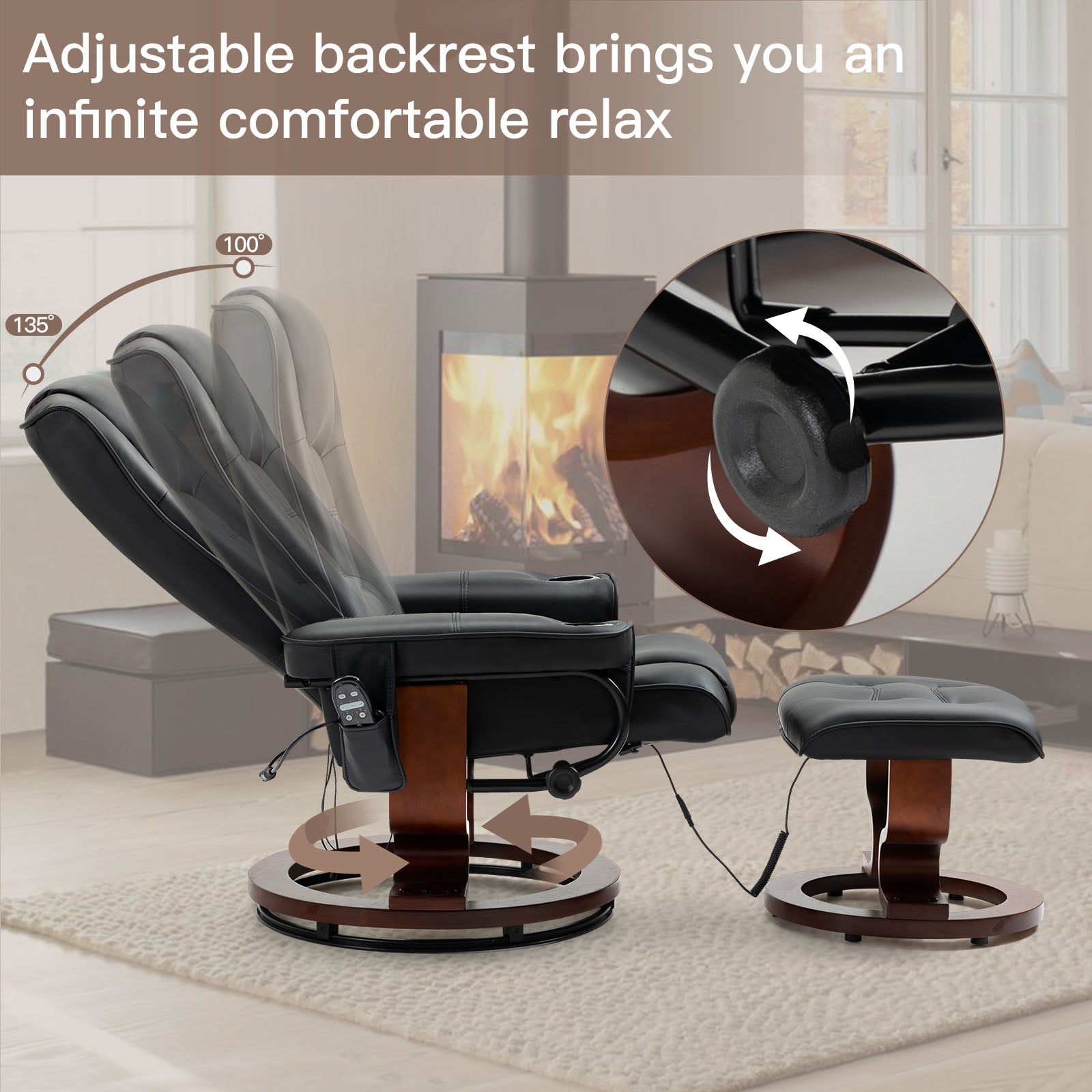 Homrest Reclining Chair with Vibration Massage Faux Leather Recliner with Ottoman Swivel Wood Recliner Chairs for Living Room, Black