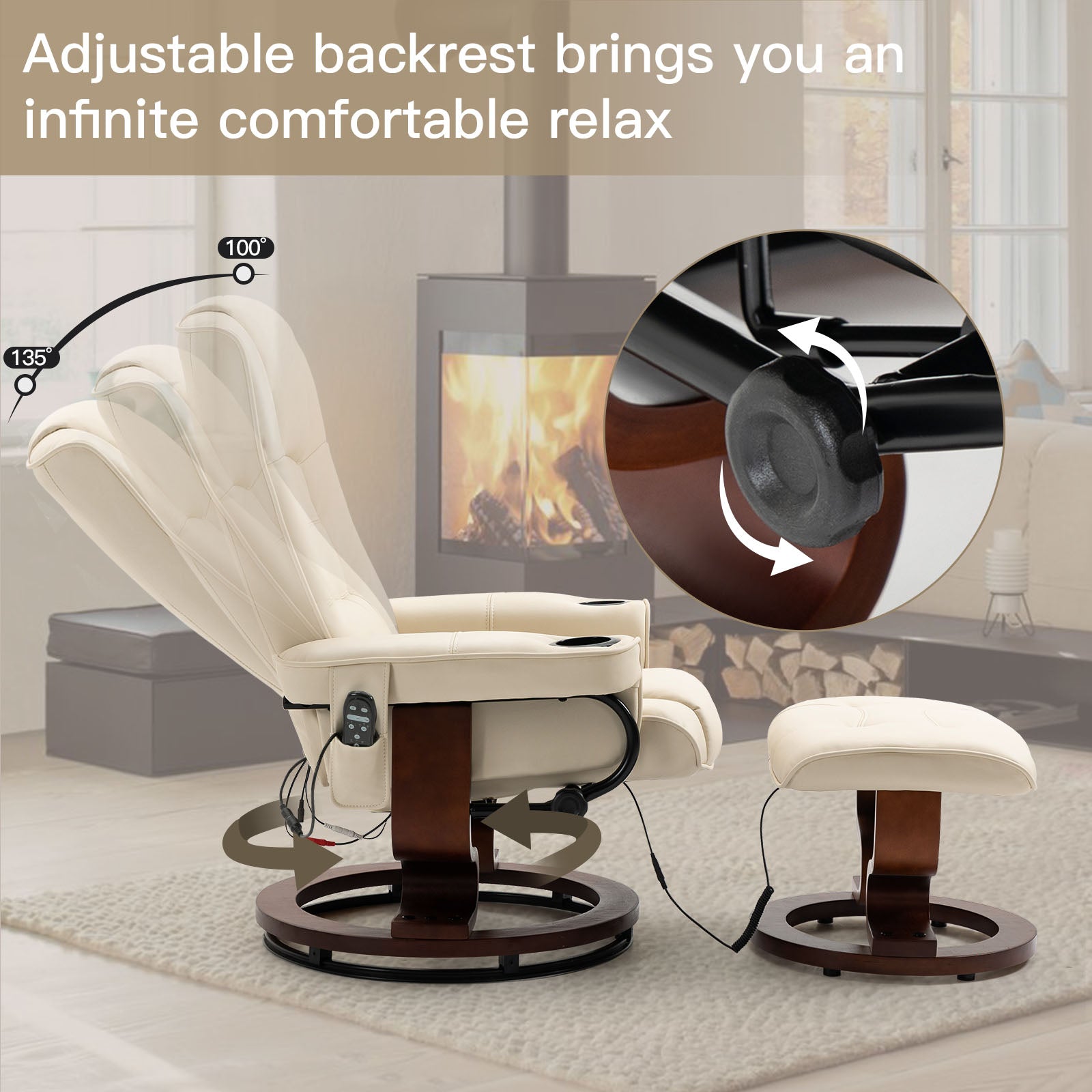 Homrest Reclining Chair with Vibration Massage Faux Leather Recliner with Ottoman Swivel Wood Recliner Chairs for Living Room, Beige