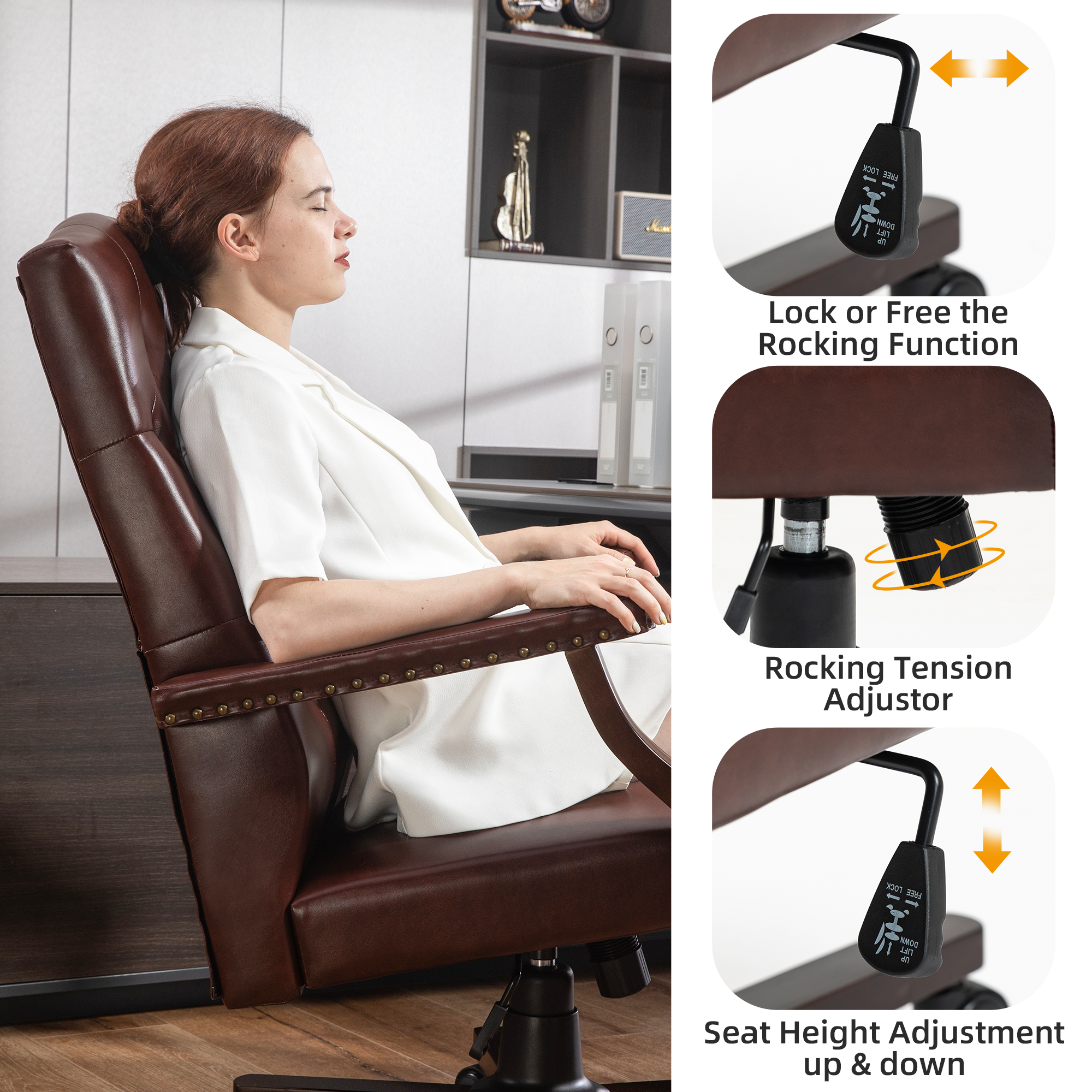 Homrest Executive Wingback Office Chair – Vintage Faux Leather, High-Back Swivel Design – Brown