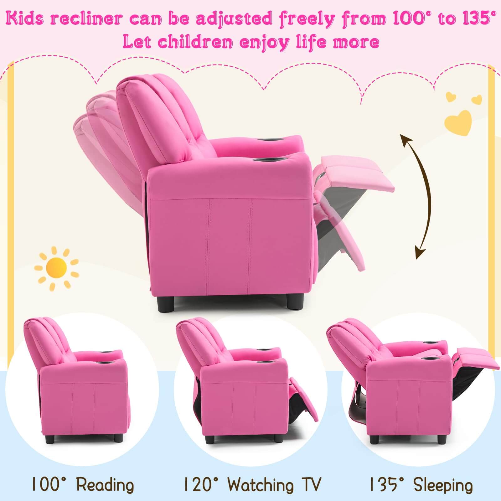 HOMREST Kids Recliner Chair, Double Kids Sofa Chair w/Cup Holder PU Leather, Toddler Loveseat Couch w/Adjustable Footrest & Headres for Boys Girls 3+ Age Group, Pink