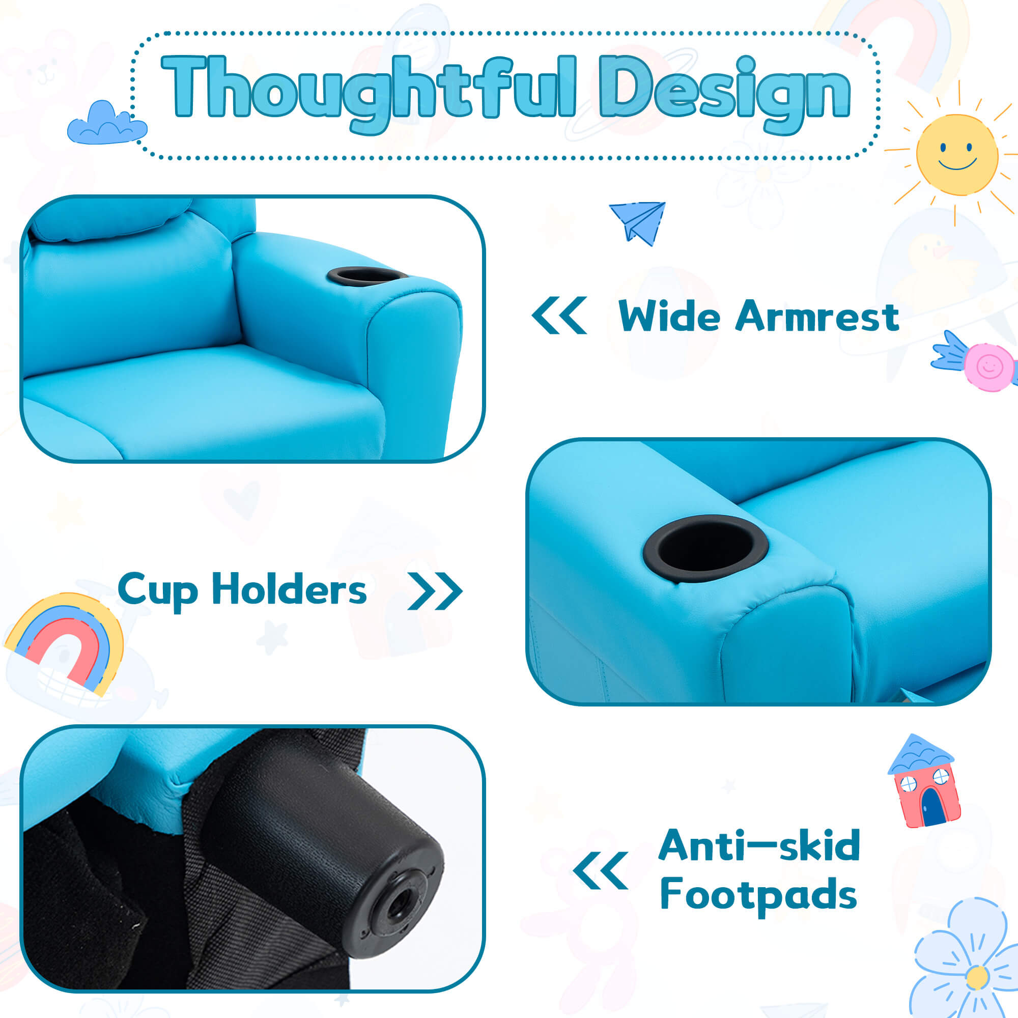 HOMREST Kids Recliner Chair, Double Kids Sofa Chair w/Cup Holder PU Leather, Toddler Loveseat Couch w/Adjustable Footrest & Headres for Boys Girls 3+ Age Group, Blue