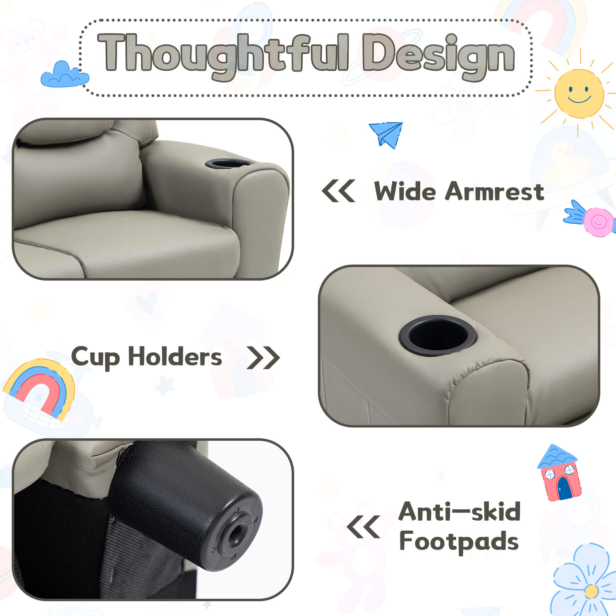 HOMREST Kids Recliner Chair, Double Kids Sofa Chair w/Cup Holder PU Leather, Toddler Loveseat Couch w/Adjustable Footrest & Headres for Boys Girls 3+ Age Group, Grey