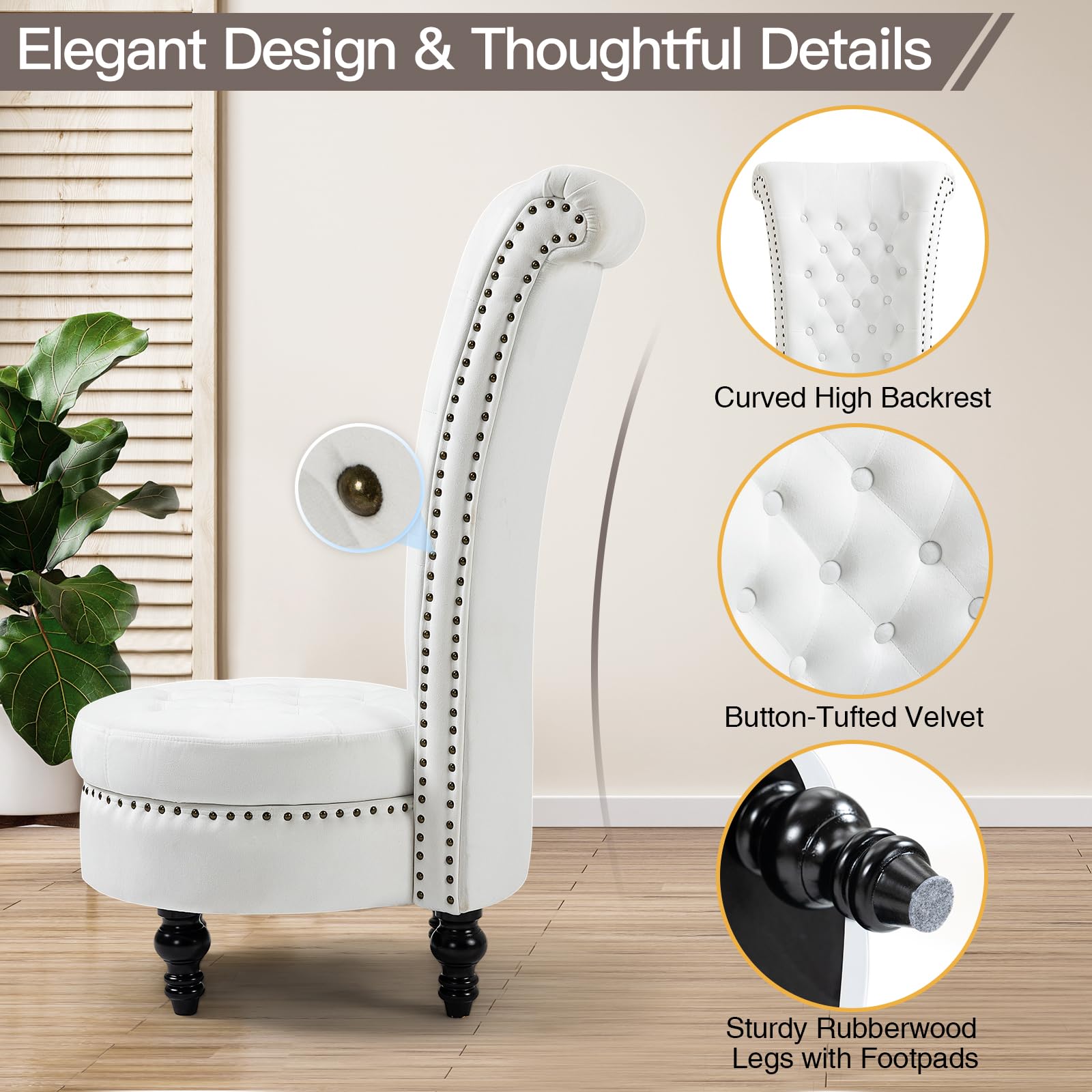 Homrest Throne High-Back Velvet Accent Chair with Storage – White