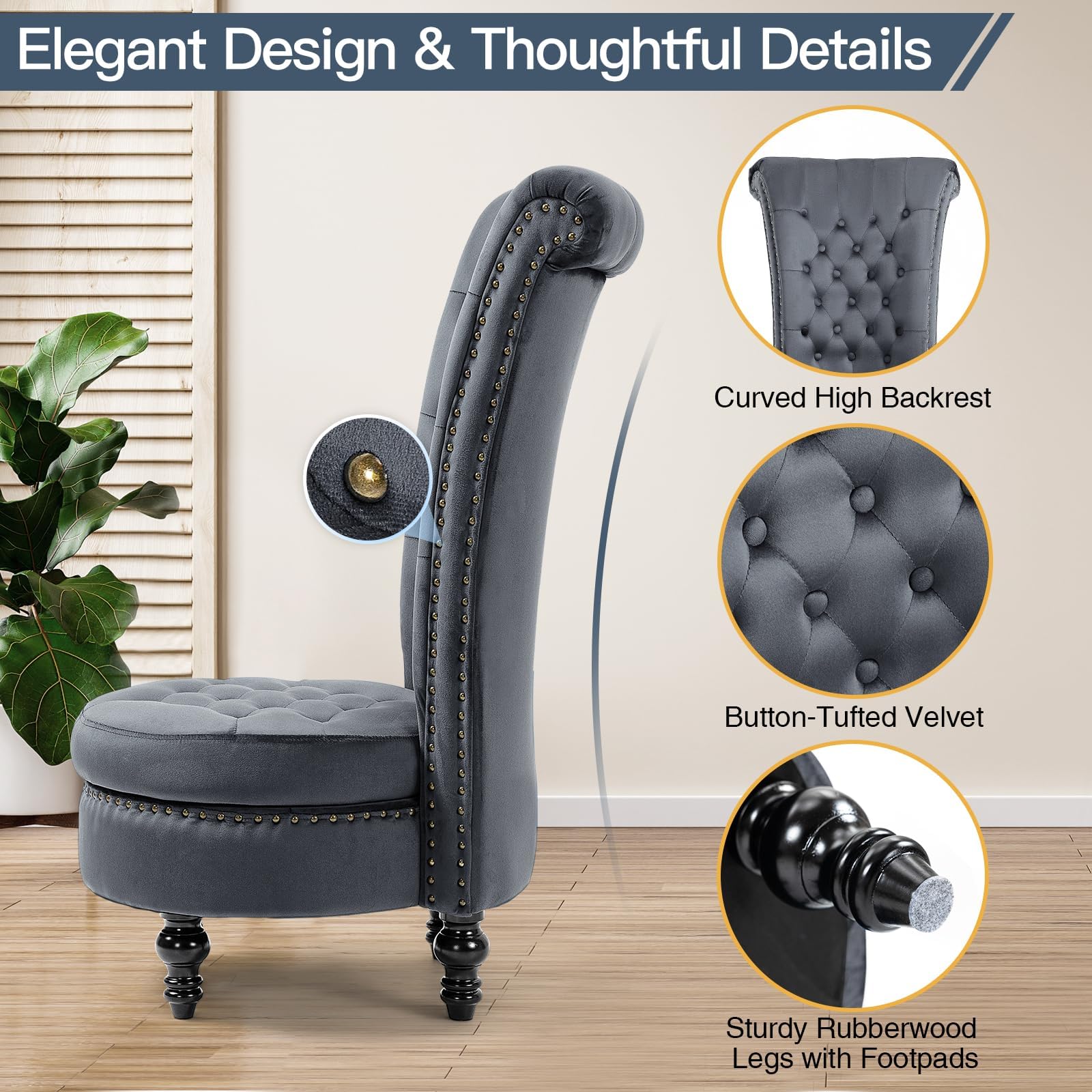 Homrest Throne High-Back Velvet Accent Chair with Storage – Grey