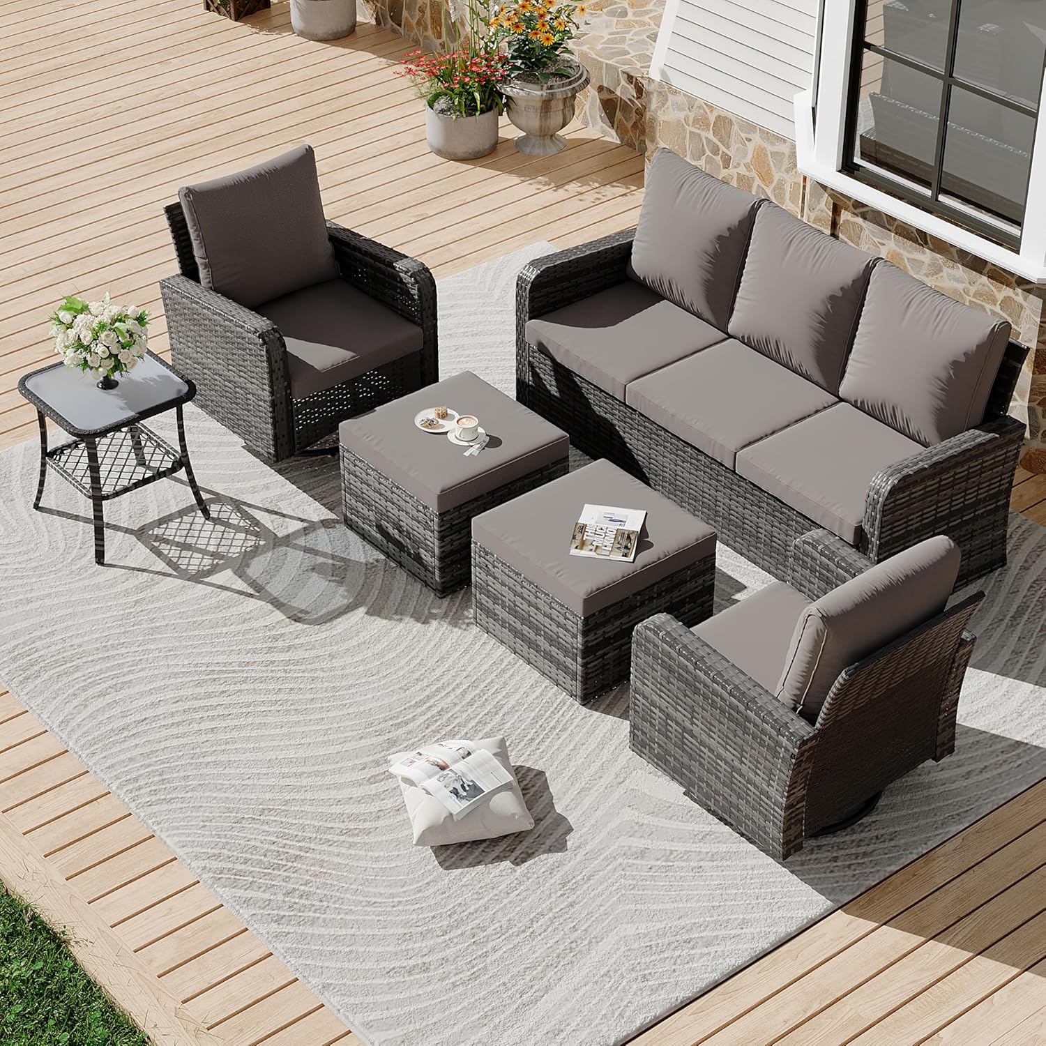 HOMREST 6 Piece Patio Conversation Sets with Sofa Couch, Rattan Wicker Swivel Chairs with 2 Ottoman, Coffee Table & Cushions, Grey