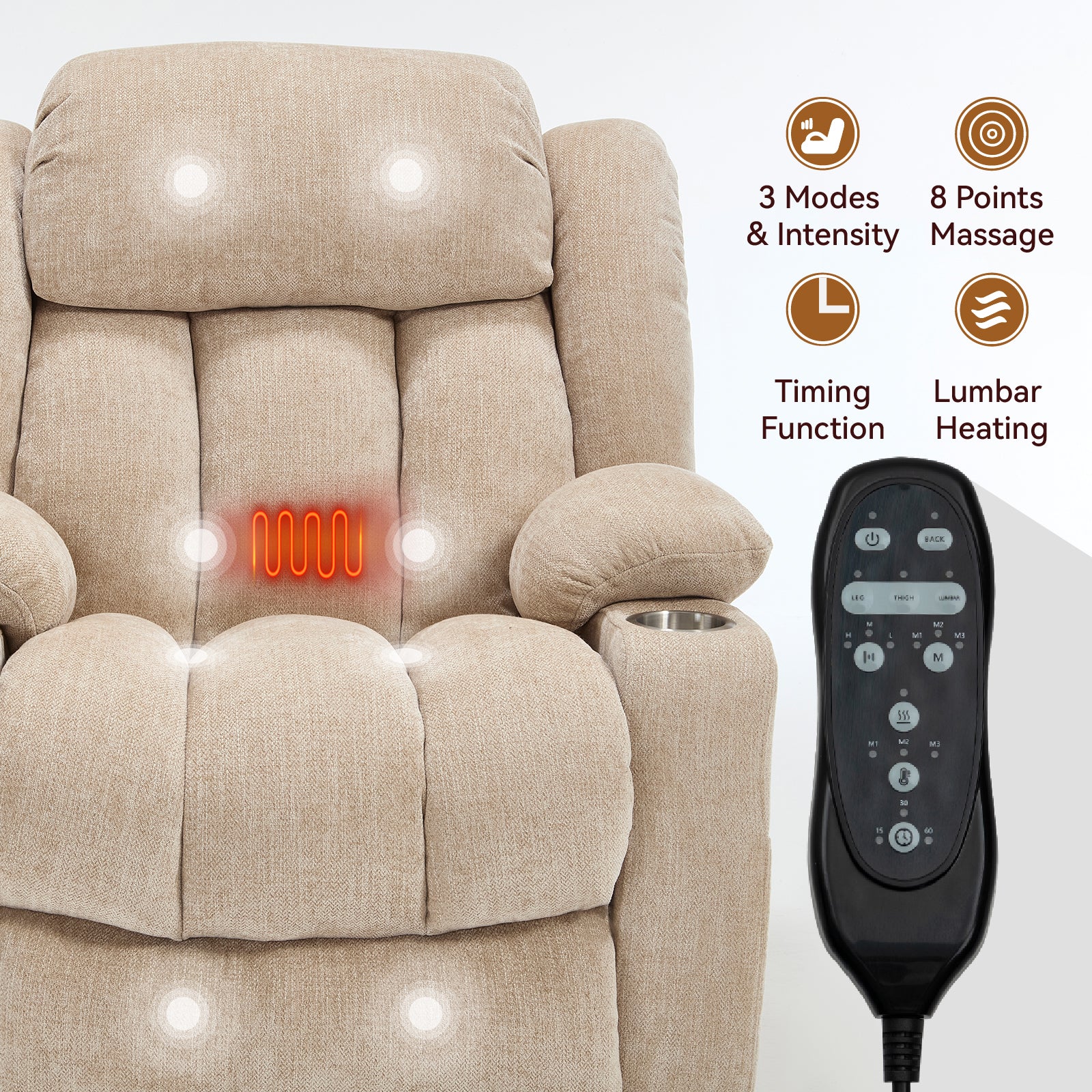 Homrest Premium Electric Recliner Chair with 8-Point Massage & Heating, Plush Chenille Fabric, Brown