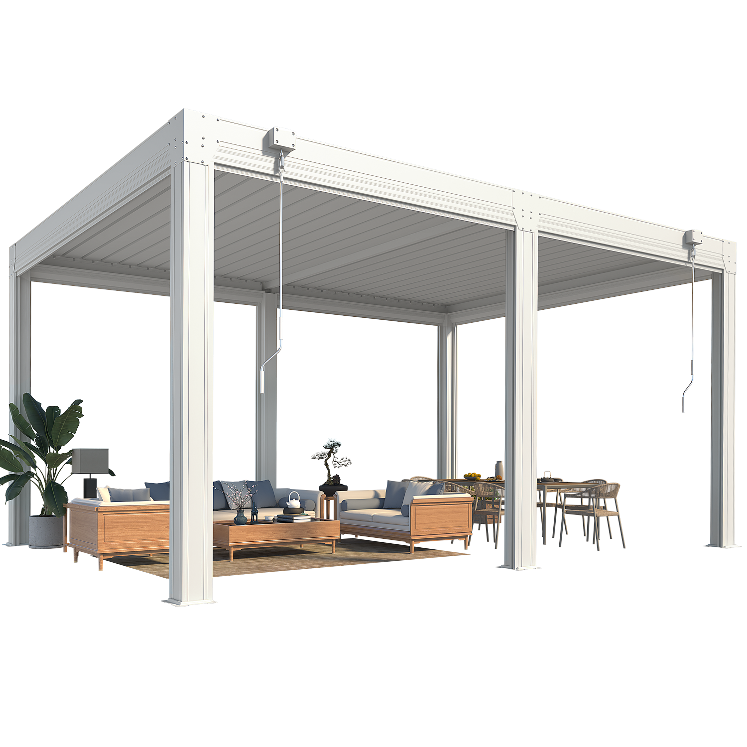 HOMREST 12x16ft Louvered Pergola with 6-Panel Pull-Down Screen, White