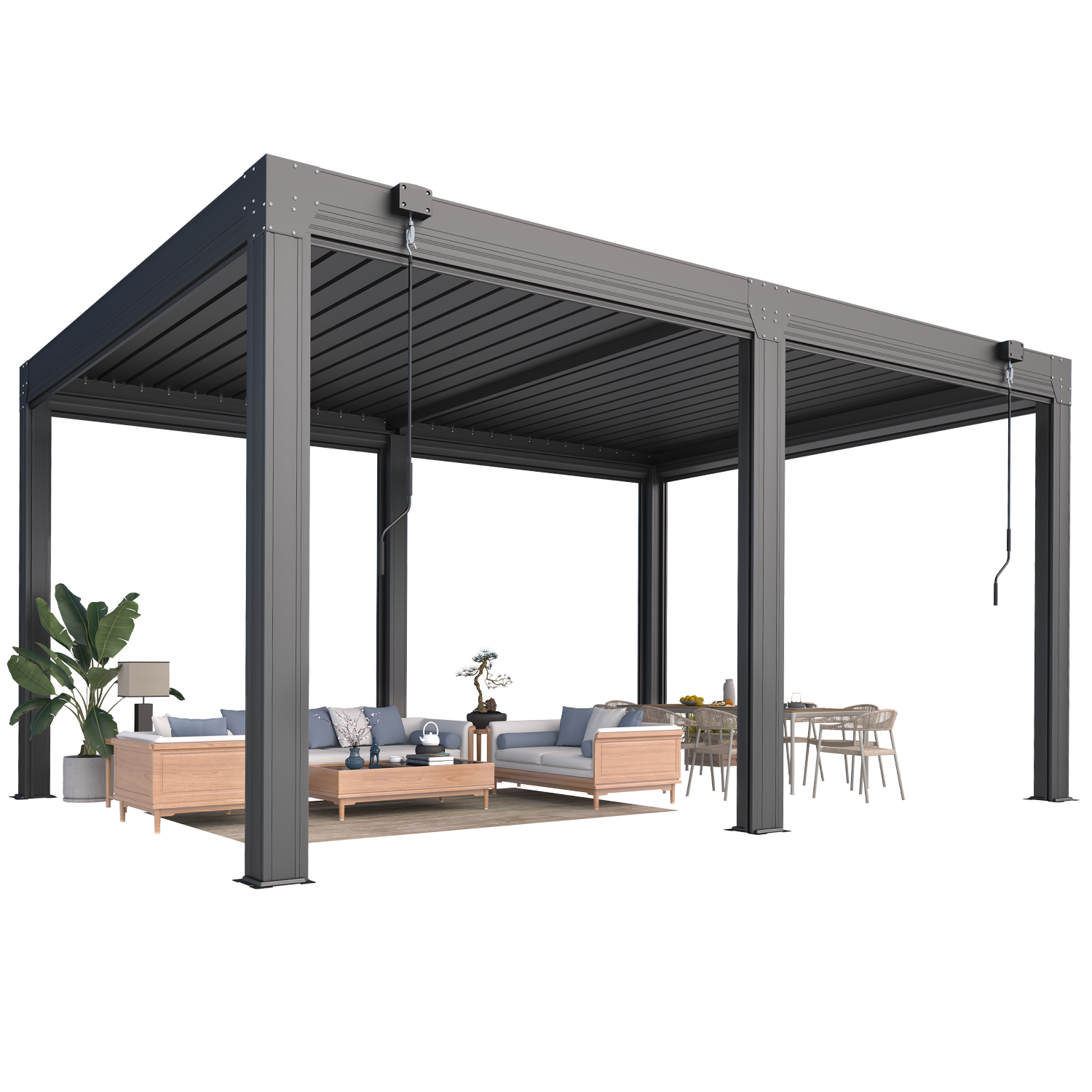 HOMREST 12x16 Louvered Pergola with Side Pull-Down Screen, Outdoor Aluminum Pergola with Thickened Frame and Adjustable Metal Rainproof Roof for Deck Patio Garden Yard, Black-Gray