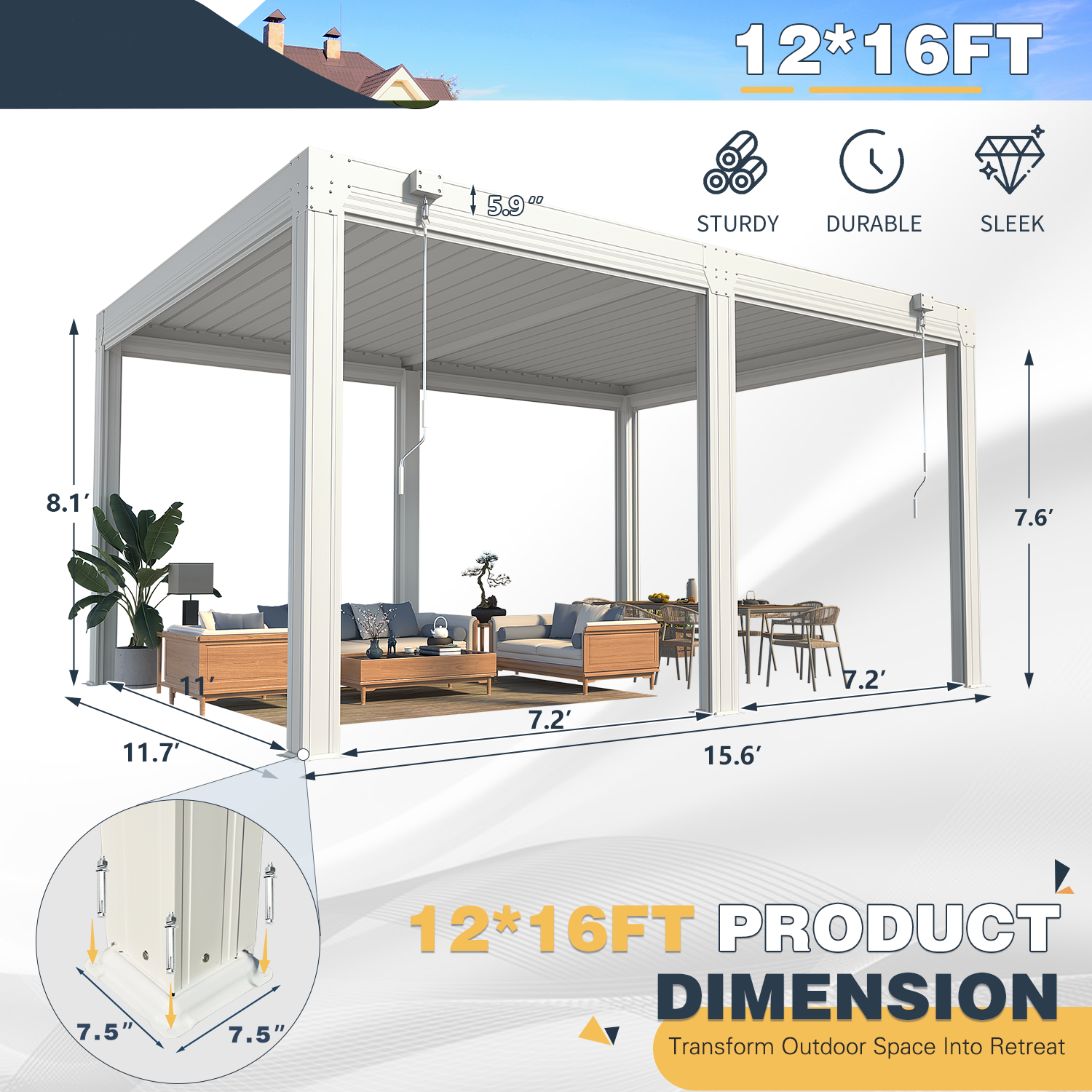 HOMREST 12x16ft Louvered Pergola with 6-Panel Pull-Down Screen, White