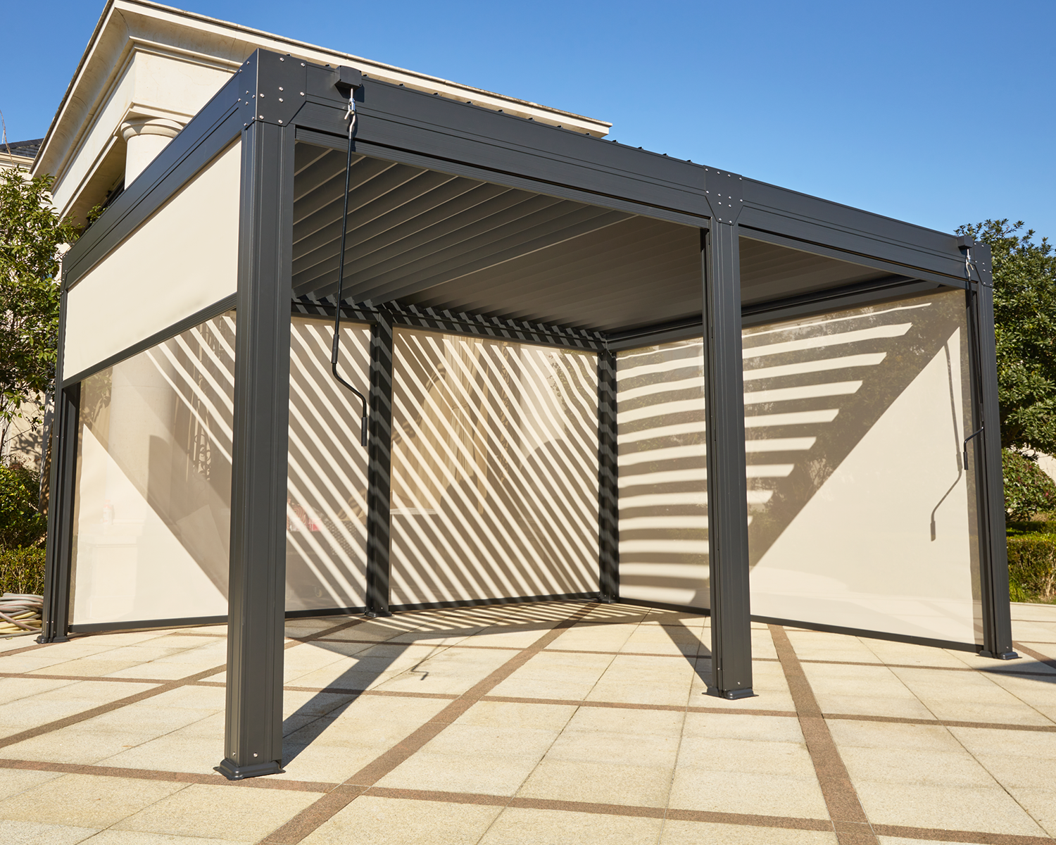 HOMREST 10x20FT Louvered Pergola with 6-Panel Pull-Down Screen, Dark Gray
