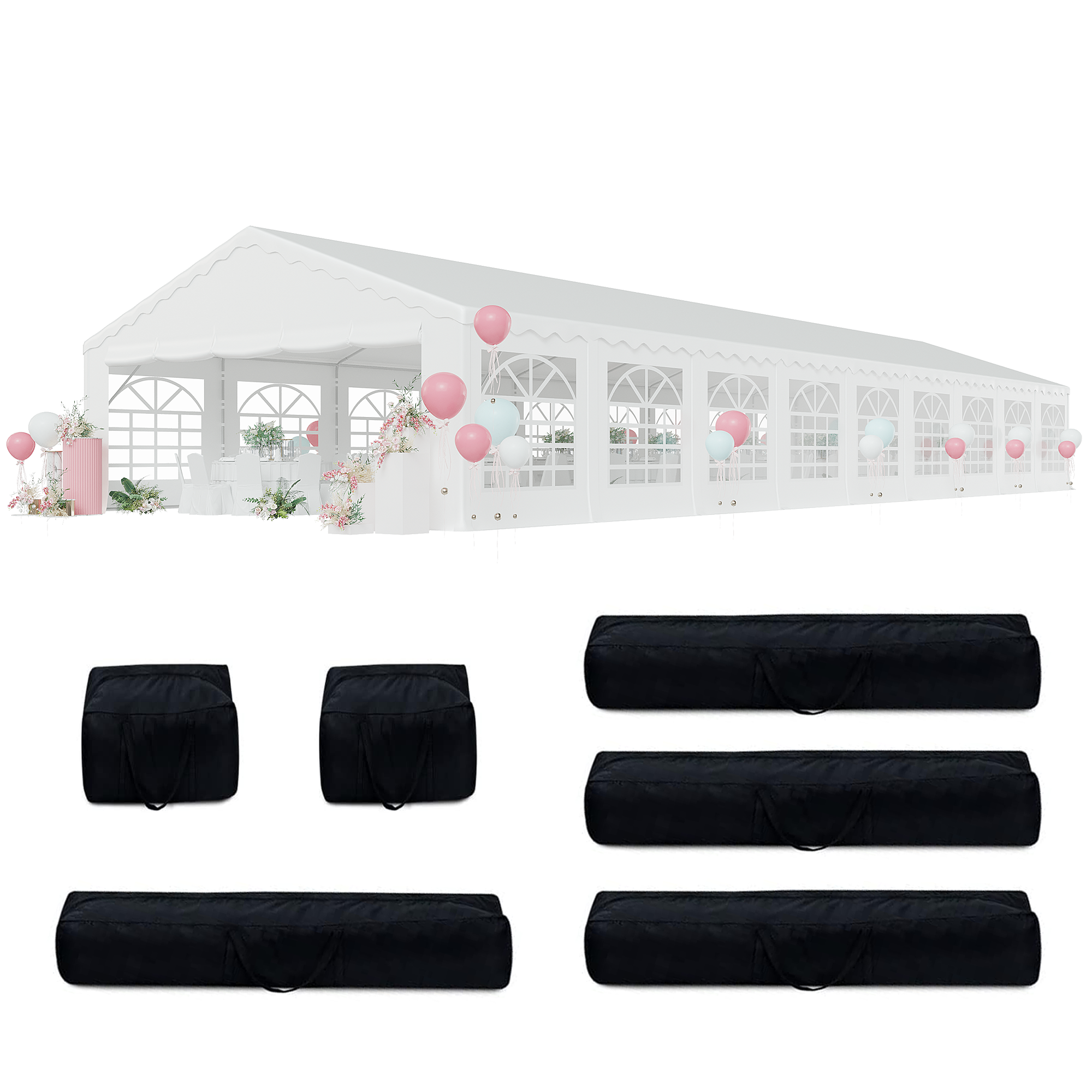 HOMREST 20x60ft Party Tent Outdoor Wedding Tent Heavy Duty Large Canopy Carport With Removable Sidewalls 2 Roll Up Doors 6 Storage Bags White