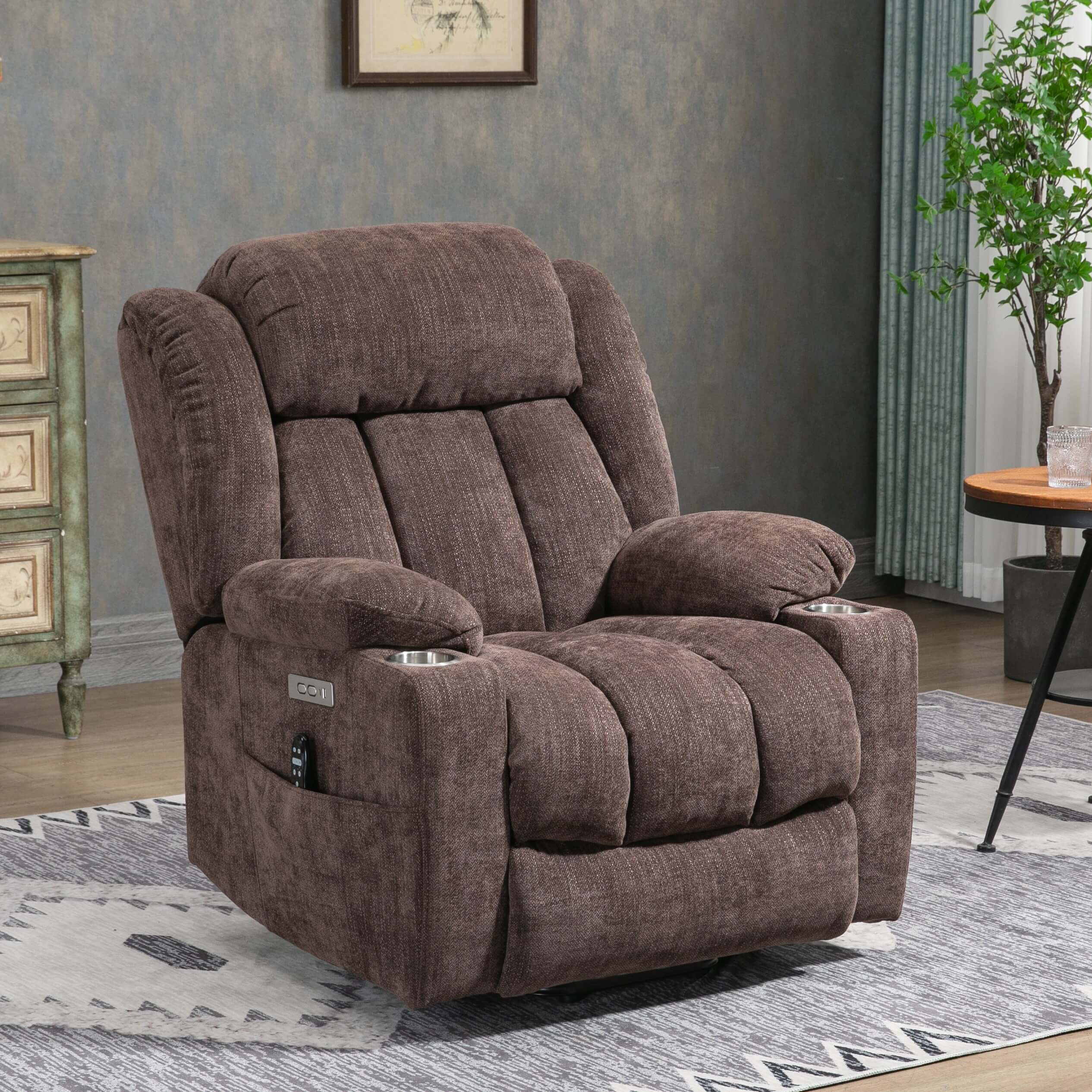 Homrest Premium Electric Recliner Chair with 8-Point Massage & Heating, Plush Chenille Fabric, Dark Brown