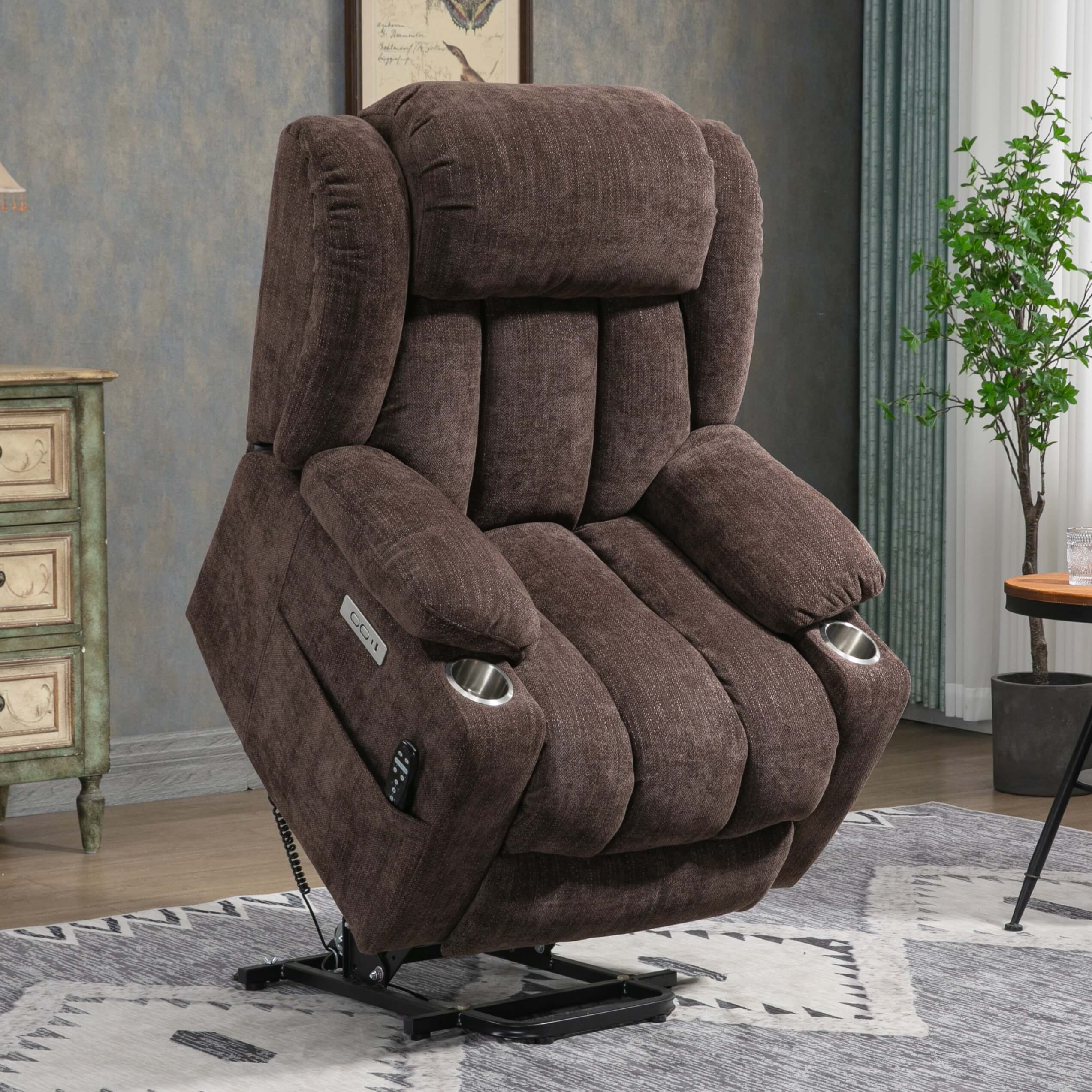 Homrest Premium Electric Recliner Chair with 8-Point Massage & Heating, Plush Chenille Fabric, Dark Brown