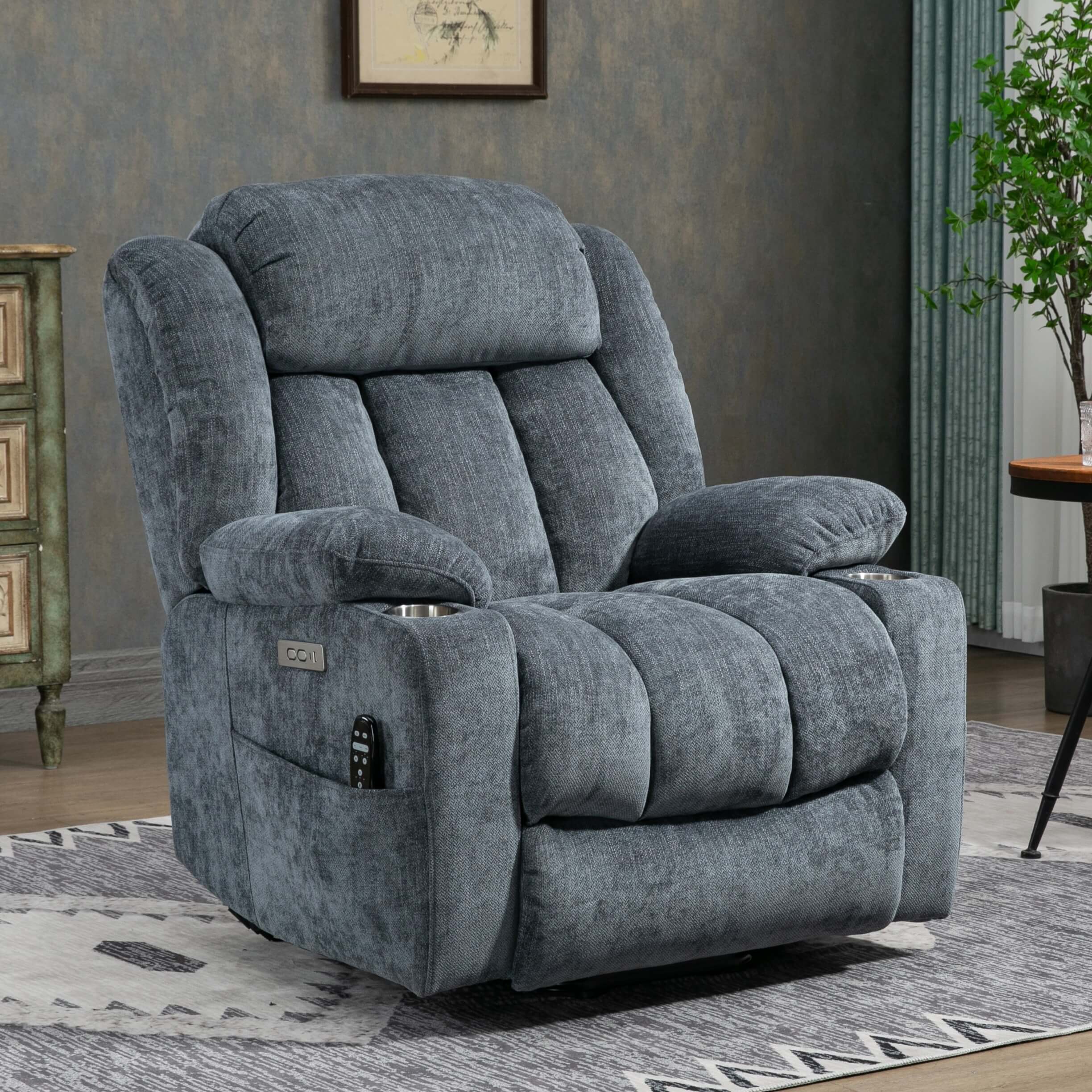 Homrest Premium Electric Recliner Chair with 8-Point Massage & Heating, Plush Chenille Fabric, Gray Blue