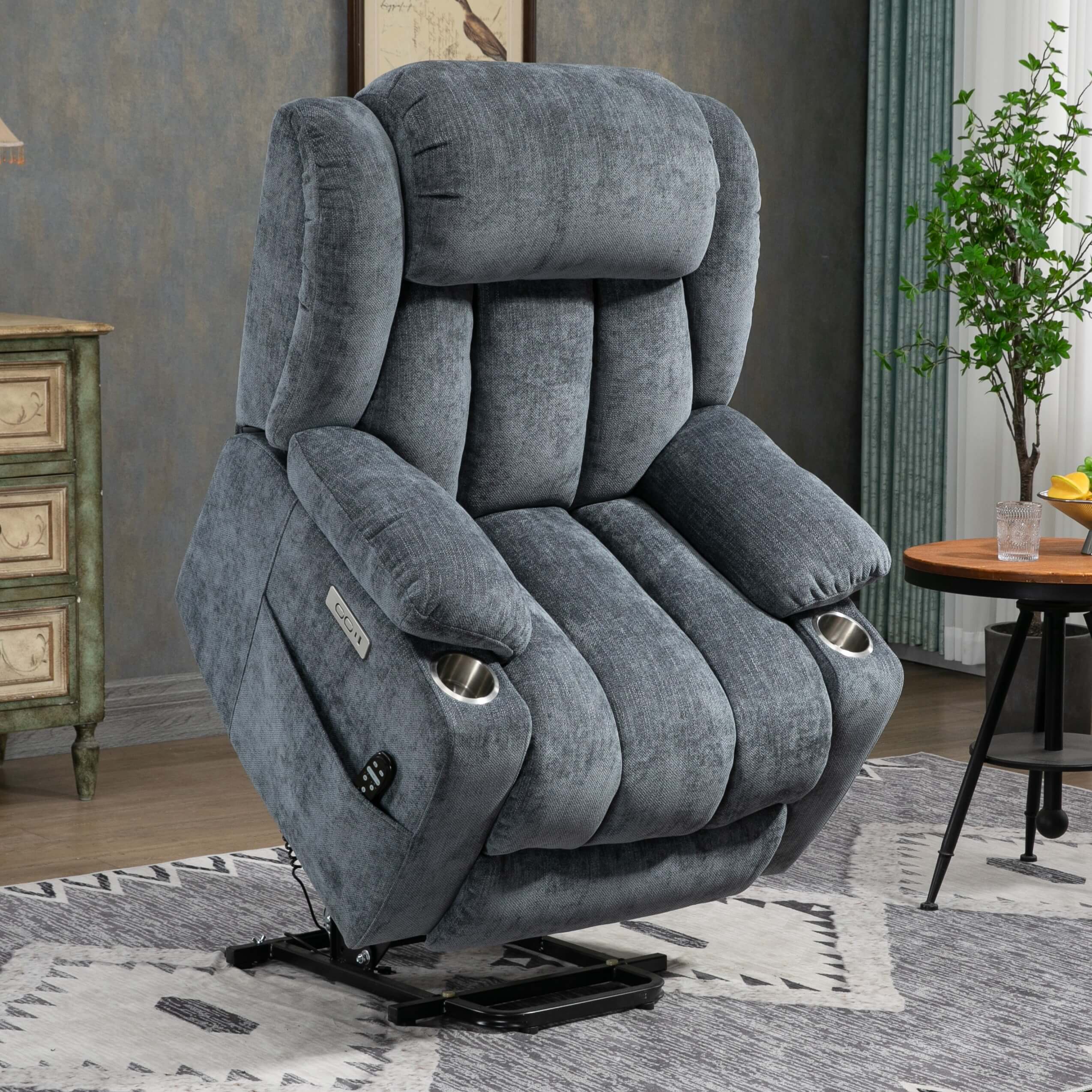 Homrest Premium Electric Recliner Chair with 8-Point Massage & Heating, Plush Chenille Fabric, Gray Blue