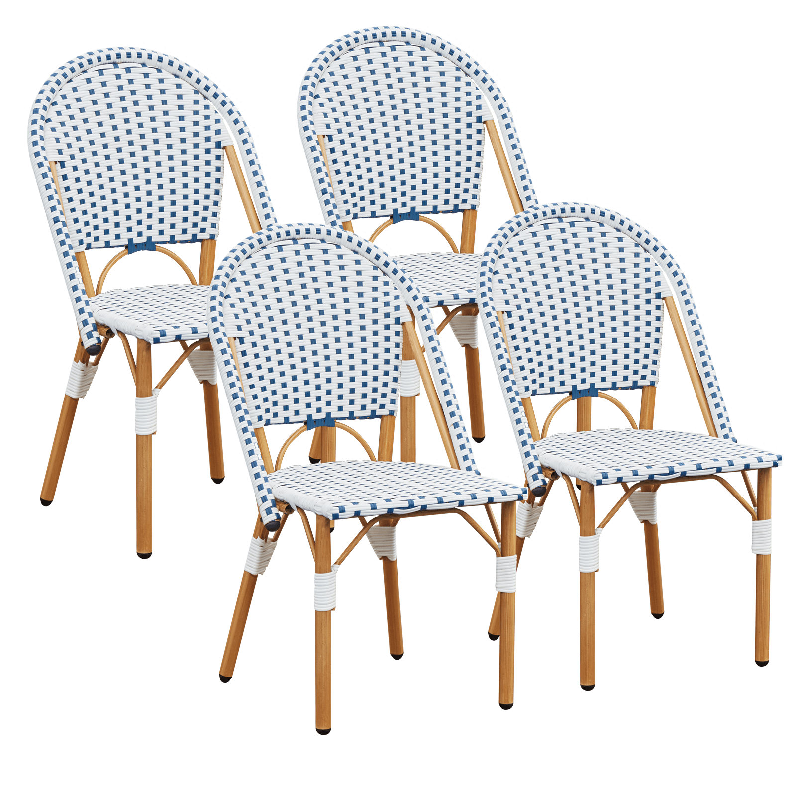 HOMREST Outdoor French Bistro Chair Set of 4, Wicker Patio Dining Chairs with Print Finish, Blue&White
