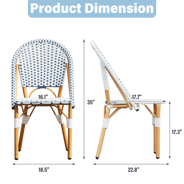 HOMREST Outdoor French Bistro Chair Set of 4, Wicker Patio Dining Chairs with Print Finish, Blue&White