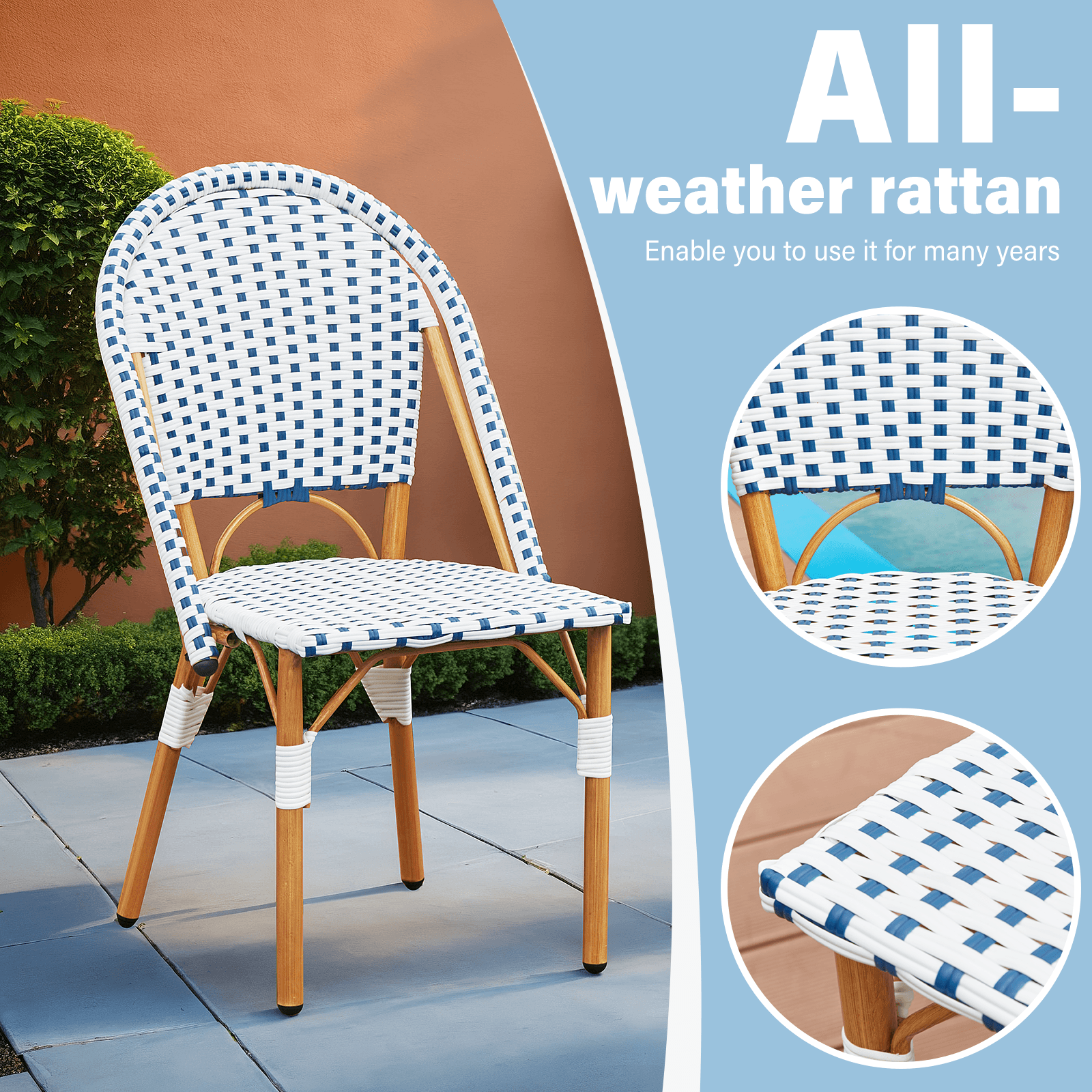 HOMREST Outdoor French Bistro Chair Set of 4, Wicker Patio Dining Chairs with Print Finish, Blue&White