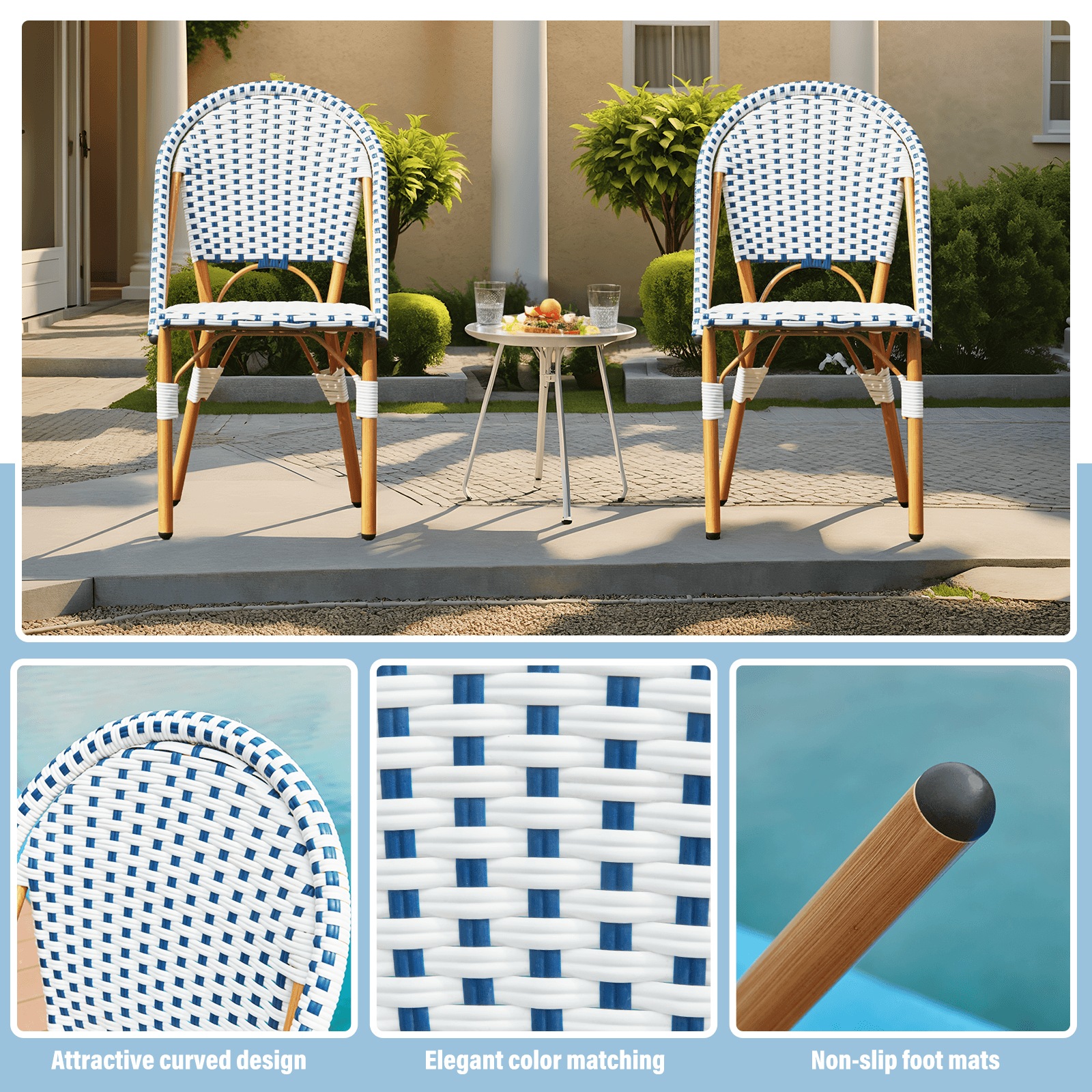 HOMREST Outdoor French Bistro Chair Set of 4, Wicker Patio Dining Chairs with Print Finish, Blue&White