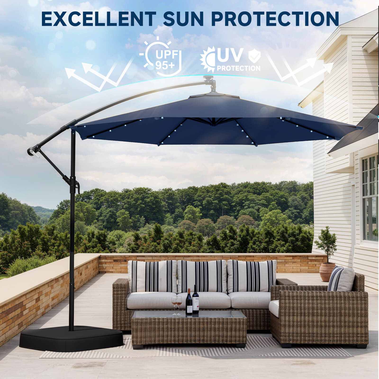 Homrest 10ft Solar Lighted Patio Umbrella with Base, Outdoor Cantilever Umbrella, Infinite Tilt, Navy Blue