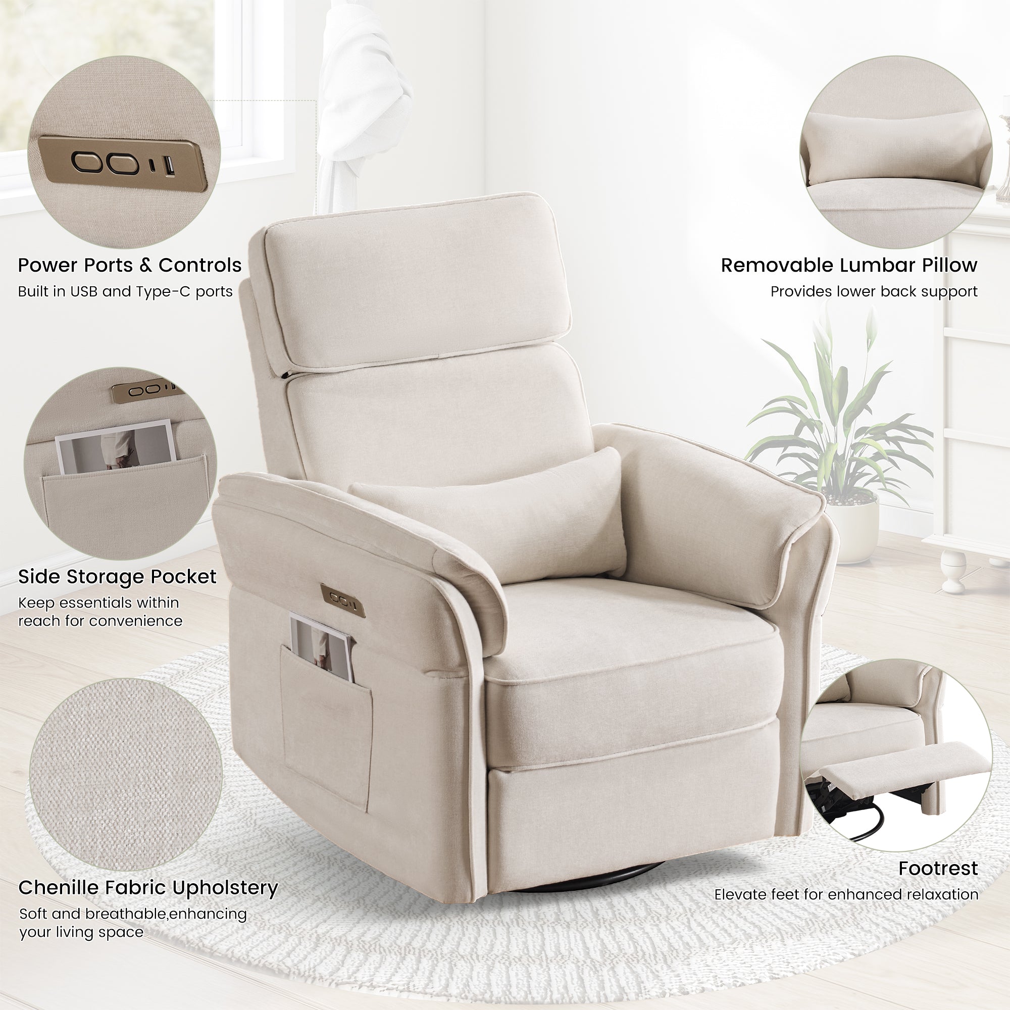 HOMREST Power Swivel Rocking Recliner Chair with Adjustable Headrest and Armrests for Living Room, Nursery, Beige
